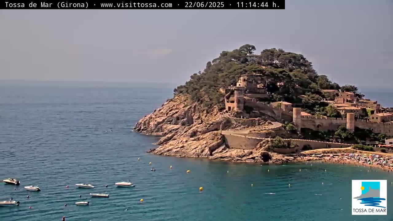 A coastal town with a medieval castle sits atop a rocky cliff overlooking a calm blue sea with several small boats.