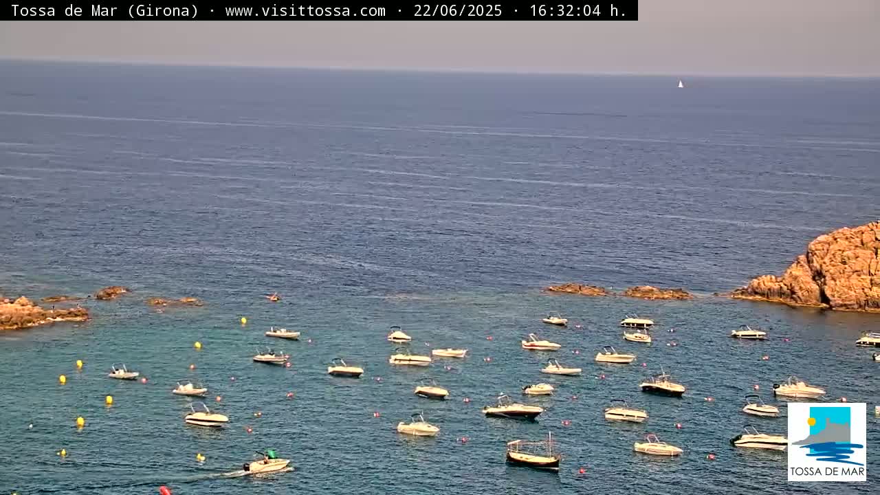 A calm sea with numerous small boats anchored near rocky shores under a clear sky.
