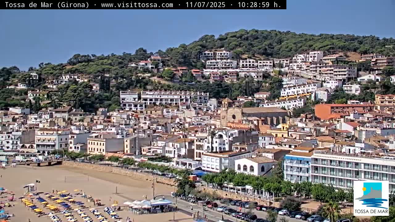 A coastal town with numerous buildings clustered on a hillside, a sandy beach with umbrellas and sunbathers, and clear blue skies.