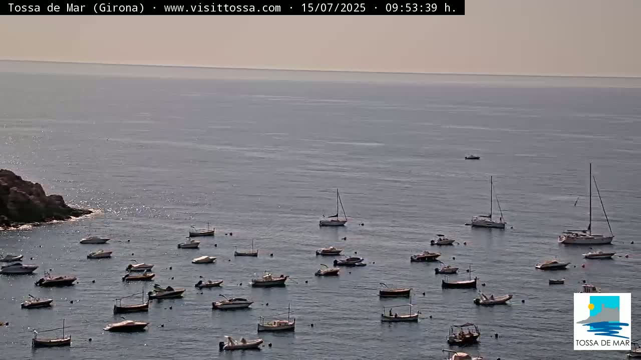 Numerous small boats and sailboats are anchored in a calm, sunny sea near a rocky shoreline.
