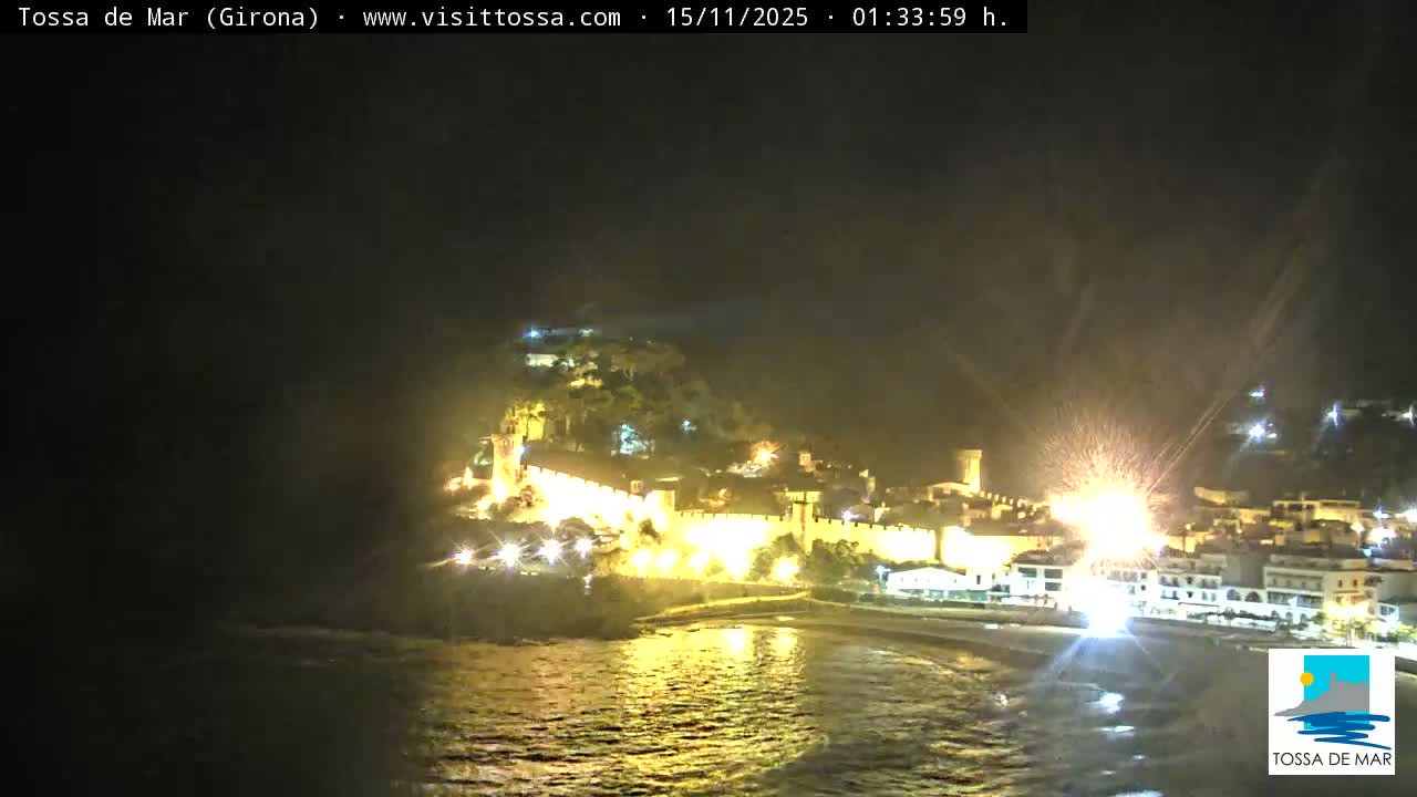 A night view of a brightly illuminated coastal town with a fortified wall, featuring a vibrant burst of light over the beach and misty atmospheric conditions.