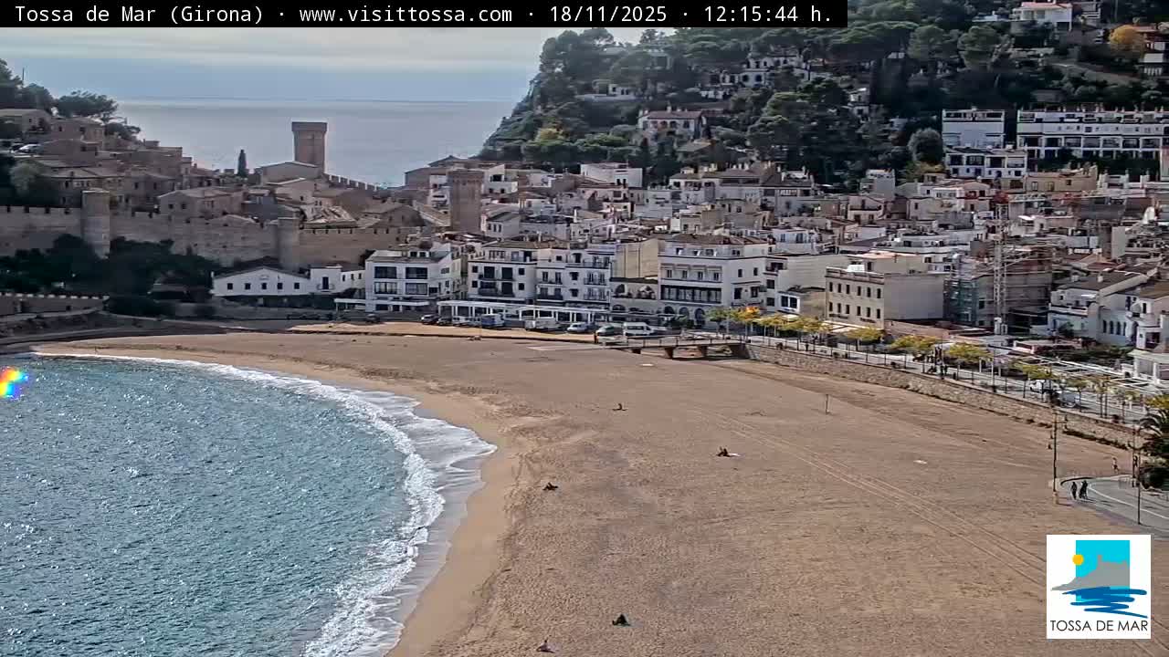 A sunny day reveals a clear blue sea bordered by lush green, pine-covered hills descending to rocky shores and a small sandy beach, with rooftops visible in the foreground.
