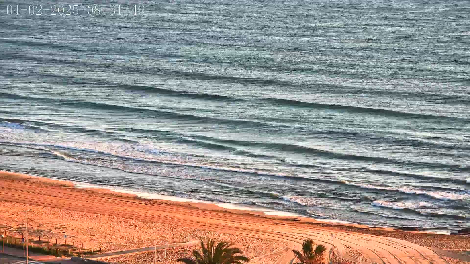 A long sandy beach with tire tracks is gently lapped by small waves on a calm ocean.