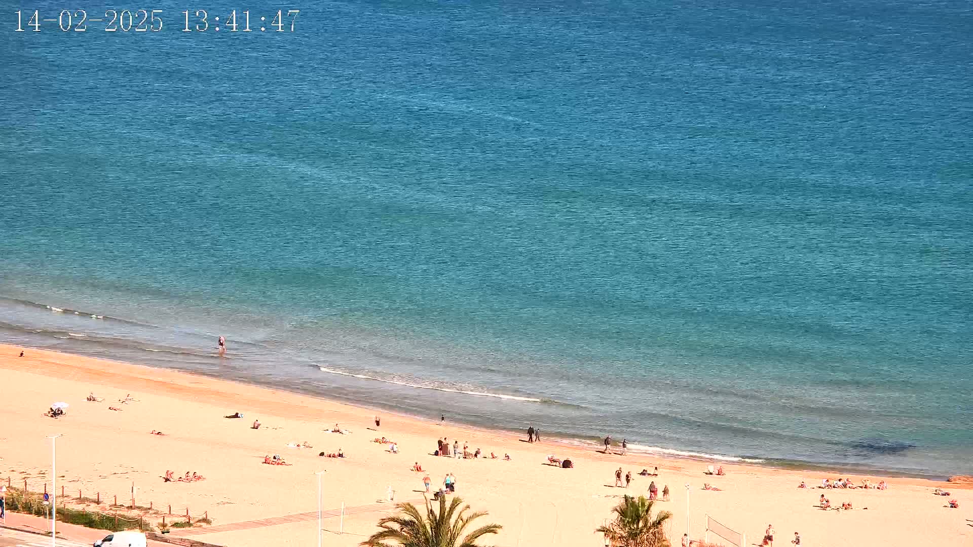 A sandy beach with scattered people is bordered by a calm, blue ocean under a sunny sky.