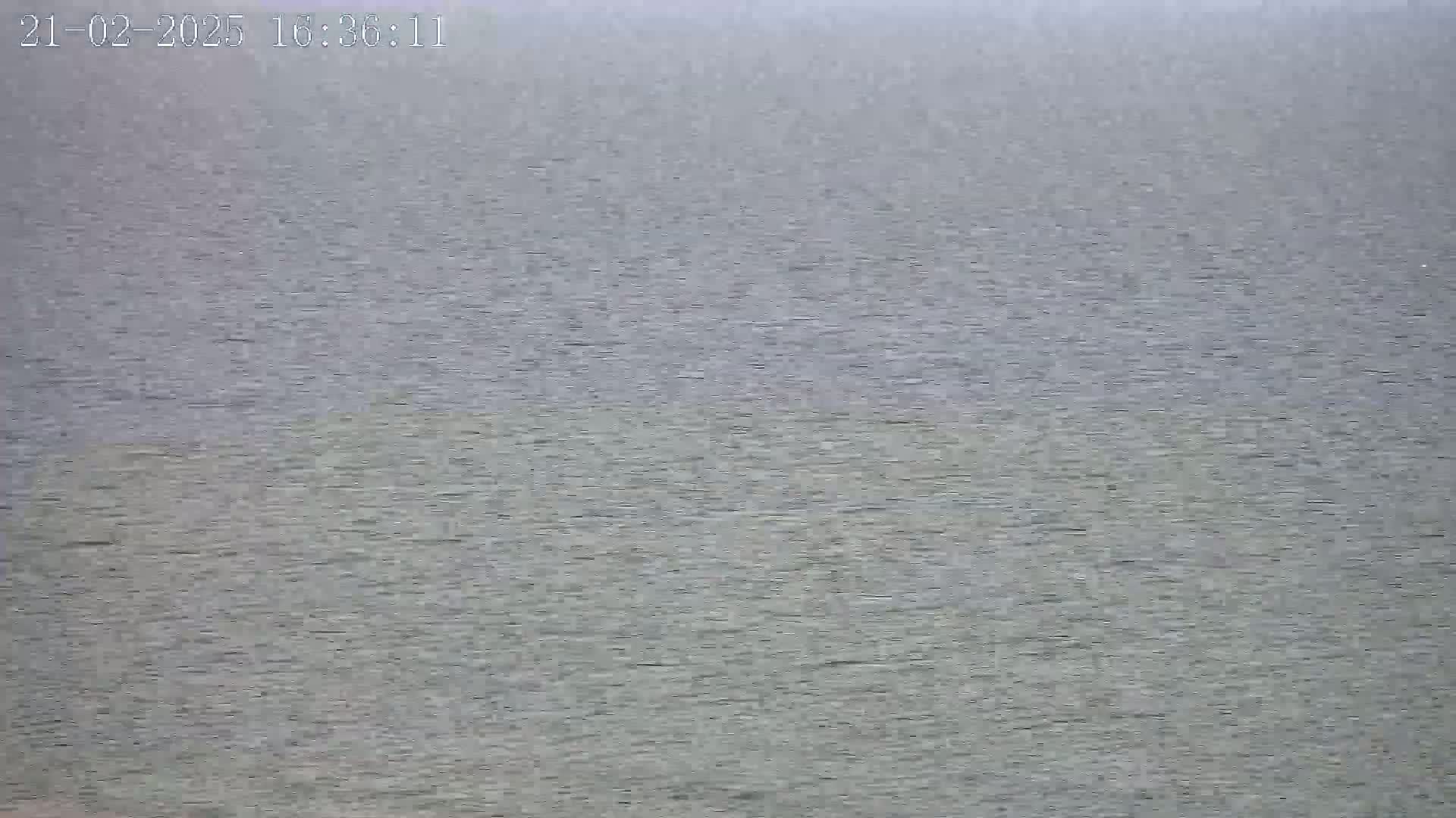 A wide shot shows a body of water under a rainy sky.