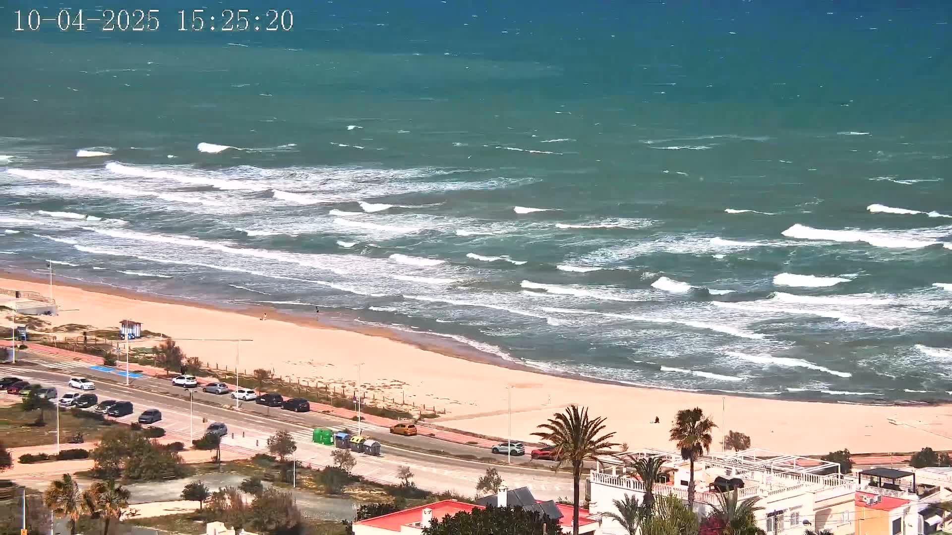 A windy day at a beach shows choppy waves breaking near a sandy shore, with cars parked along a road next to buildings and palm trees.