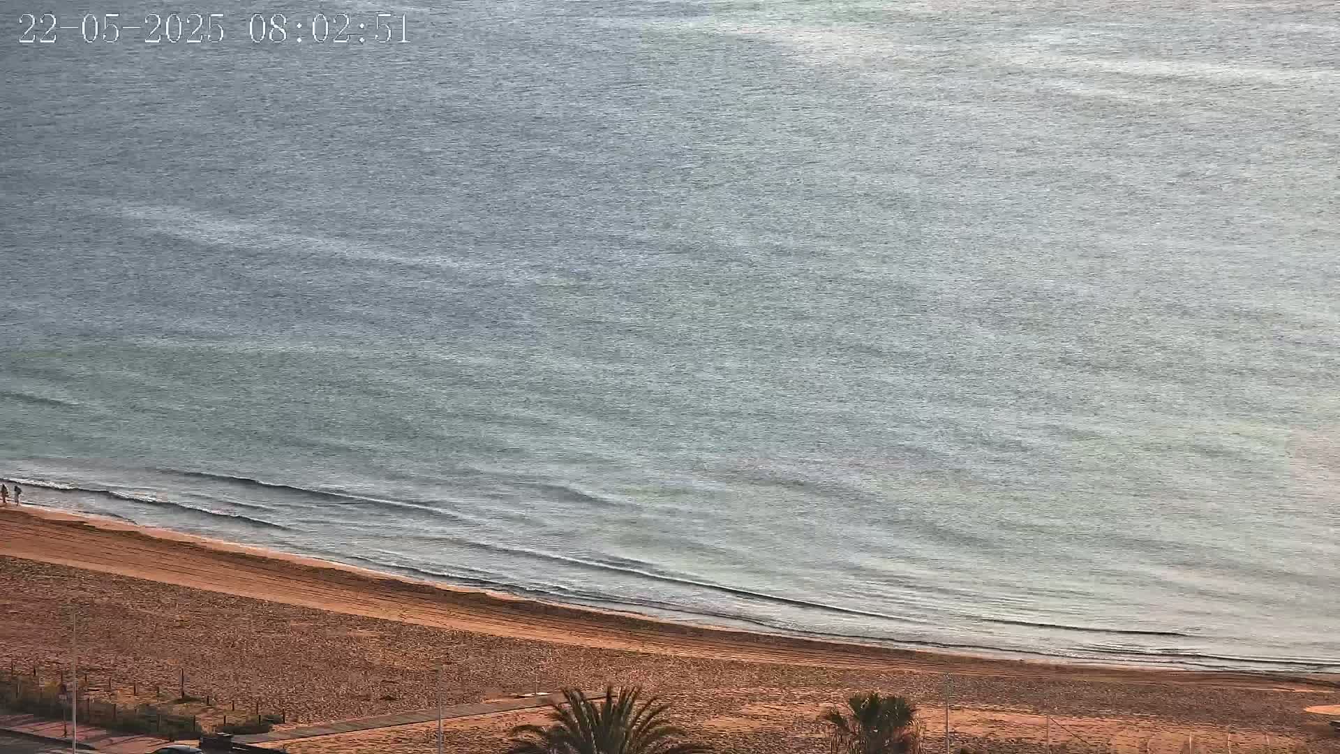 A sandy beach meets a calm, gray-blue sea under a seemingly clear sky.