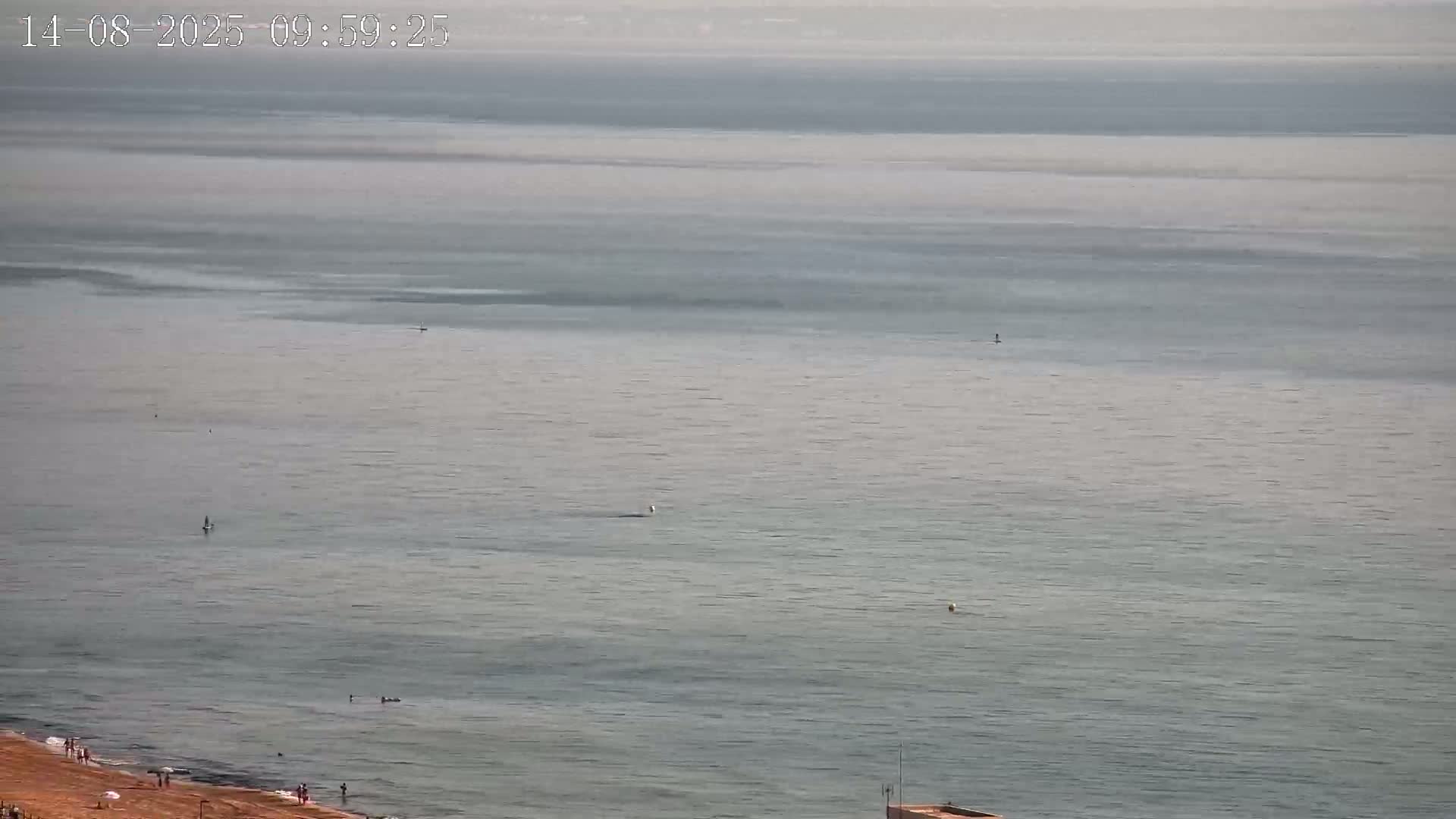 A calm, hazy ocean scene shows several people in the water near a sandy beach.