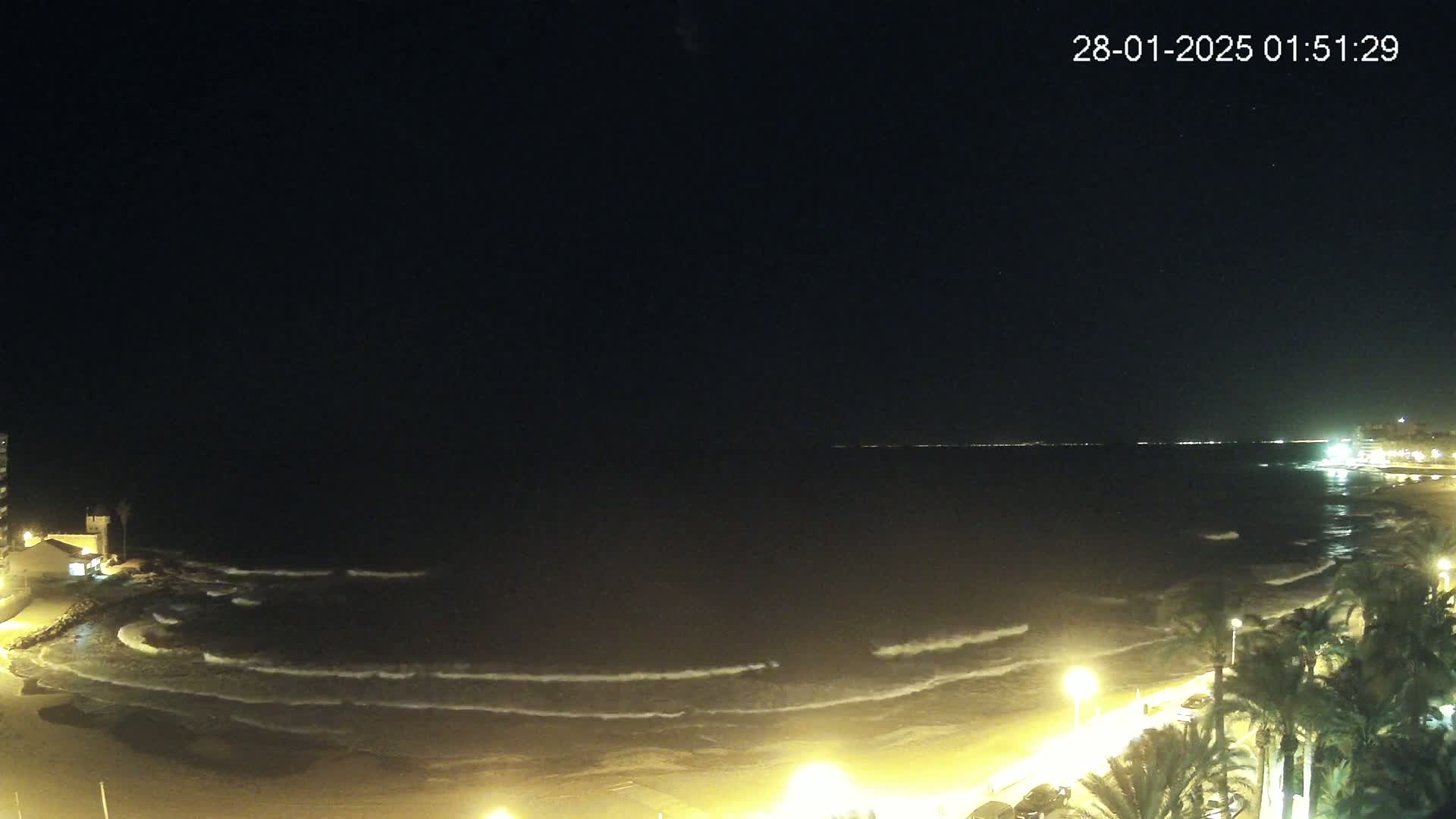 At night, gently rolling waves lap a sandy beach illuminated by streetlights lining a palm tree-lined promenade.
