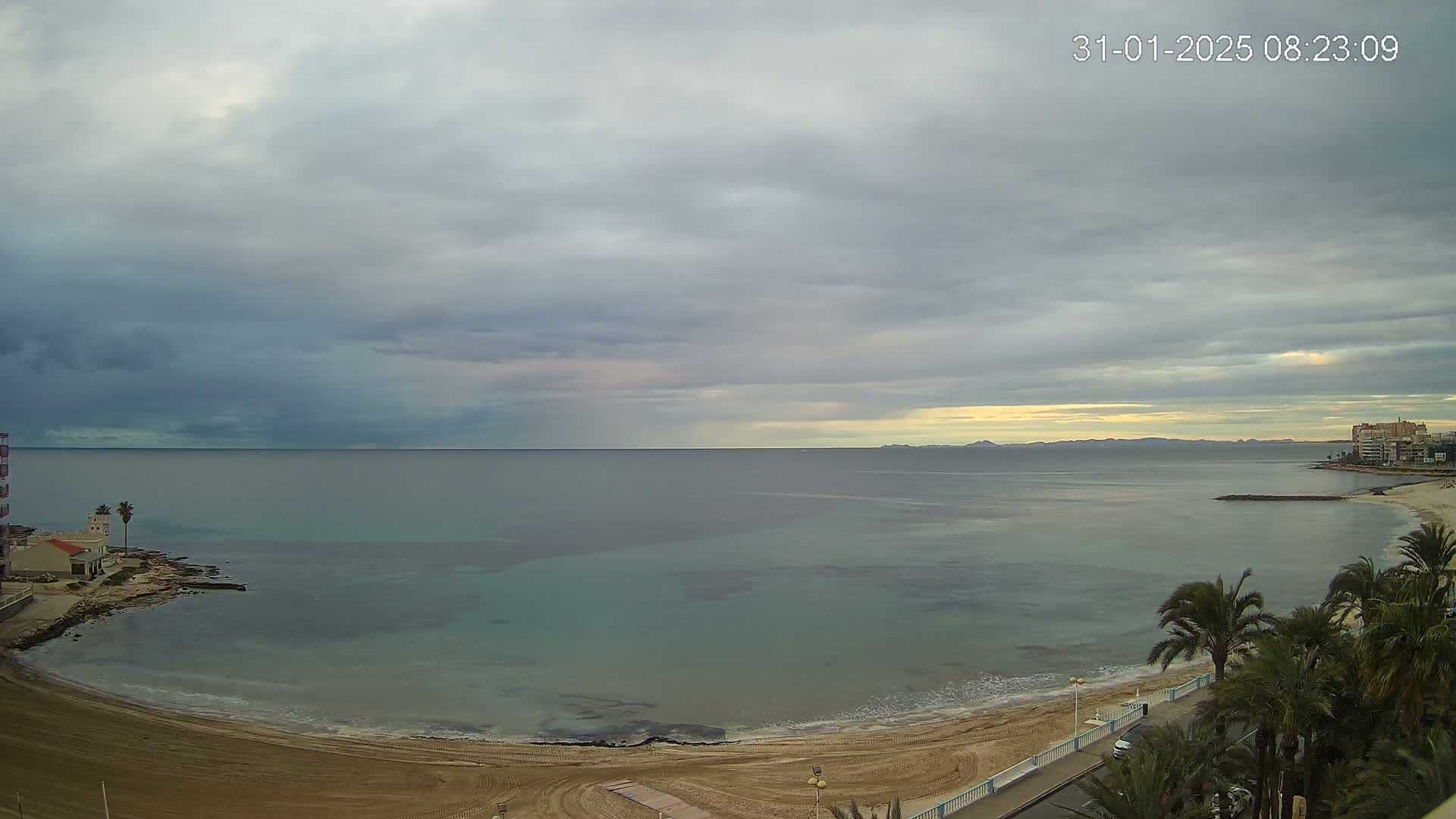 A mostly cloudy sky overlooks a calm, light-green sea with a sandy beach, palm trees, and buildings along the shore.