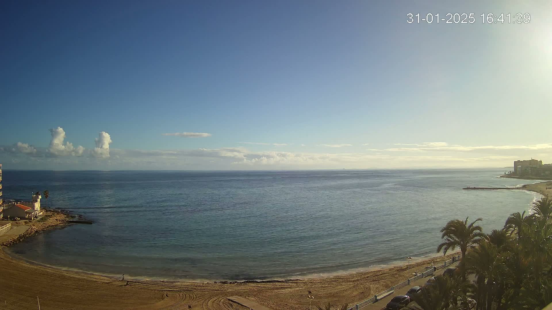 A mostly sunny day shows a calm sea lapping a sandy beach, with palm trees and buildings visible in the distance.
