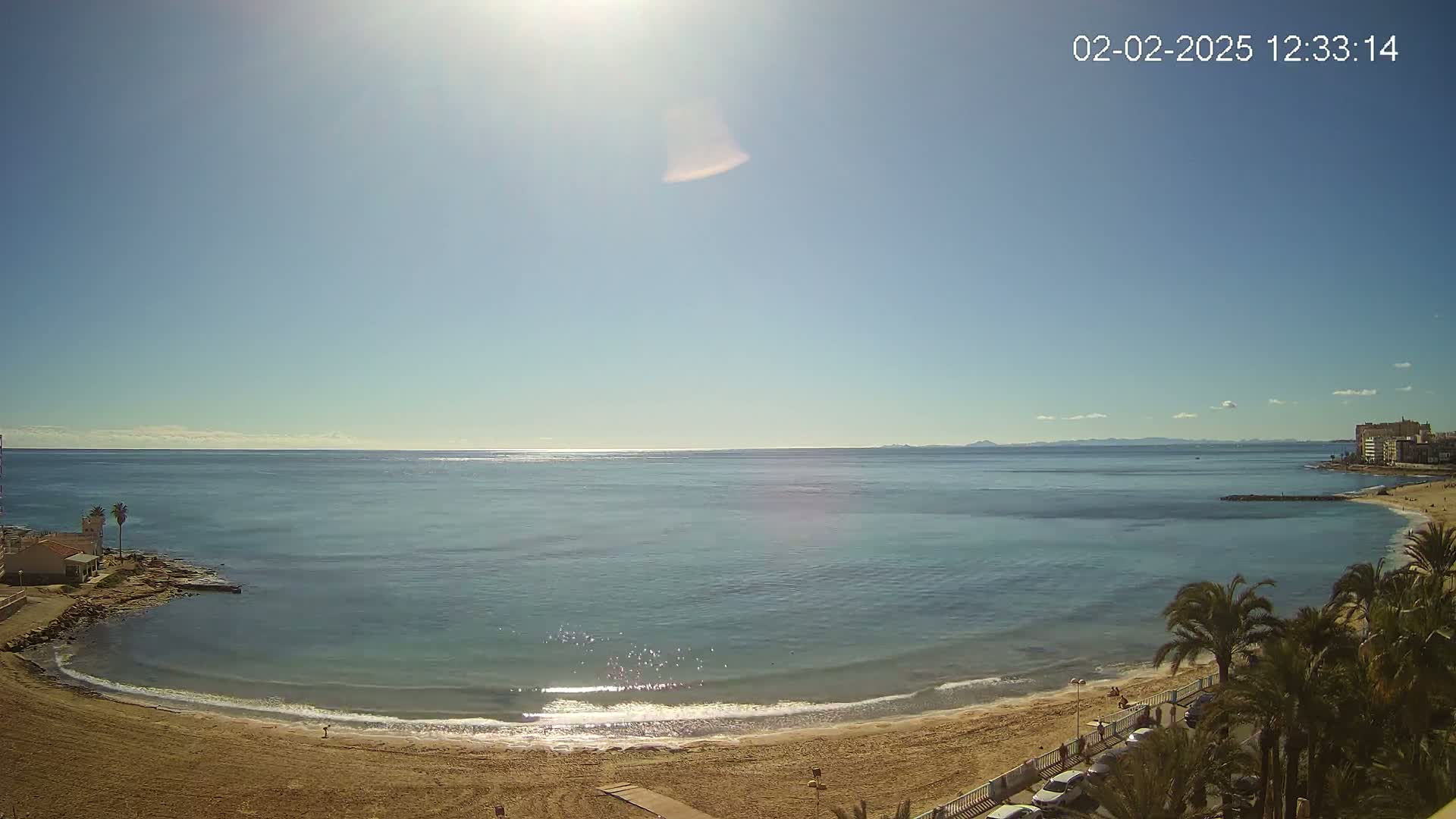 A sunny day at a sandy beach with calm, clear blue water, palm trees, and buildings in the distance.