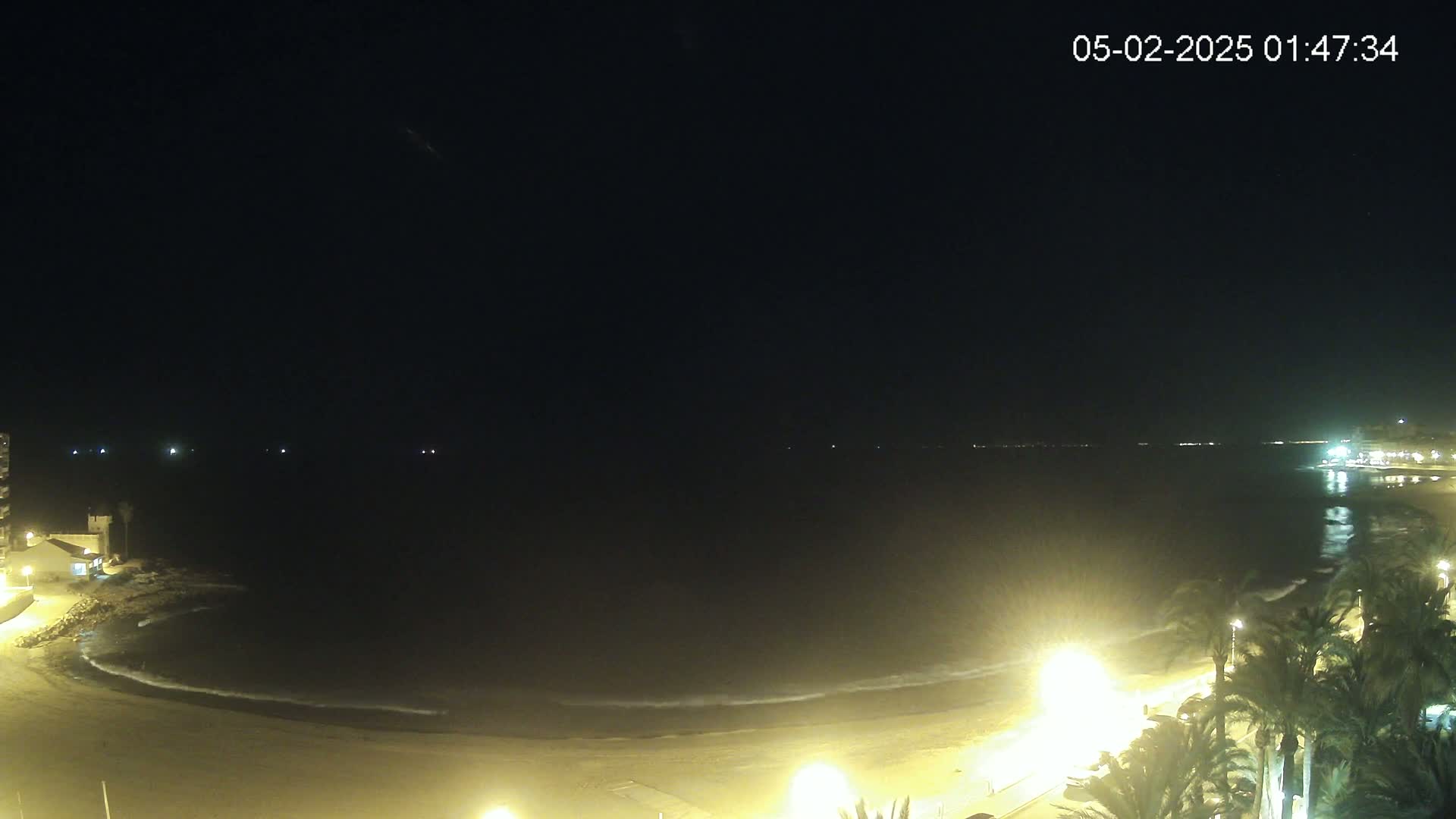 A dark, nighttime beach scene shows a calm ocean lapping gently at the shore, illuminated by lights along the beachfront promenade and palm trees.