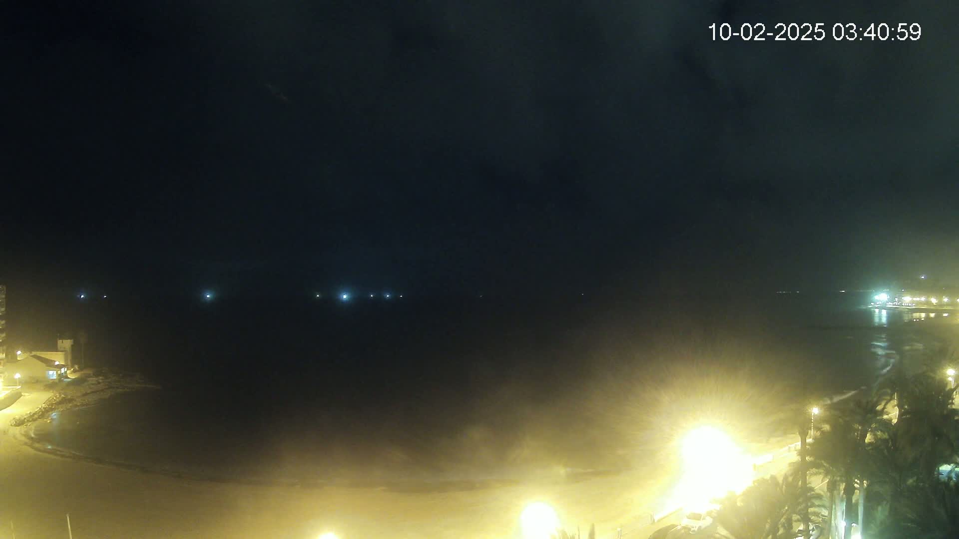 A nighttime coastal scene shows a dark, slightly hazy ocean under a dark sky, illuminated by lights along a beachfront promenade lined with palm trees.