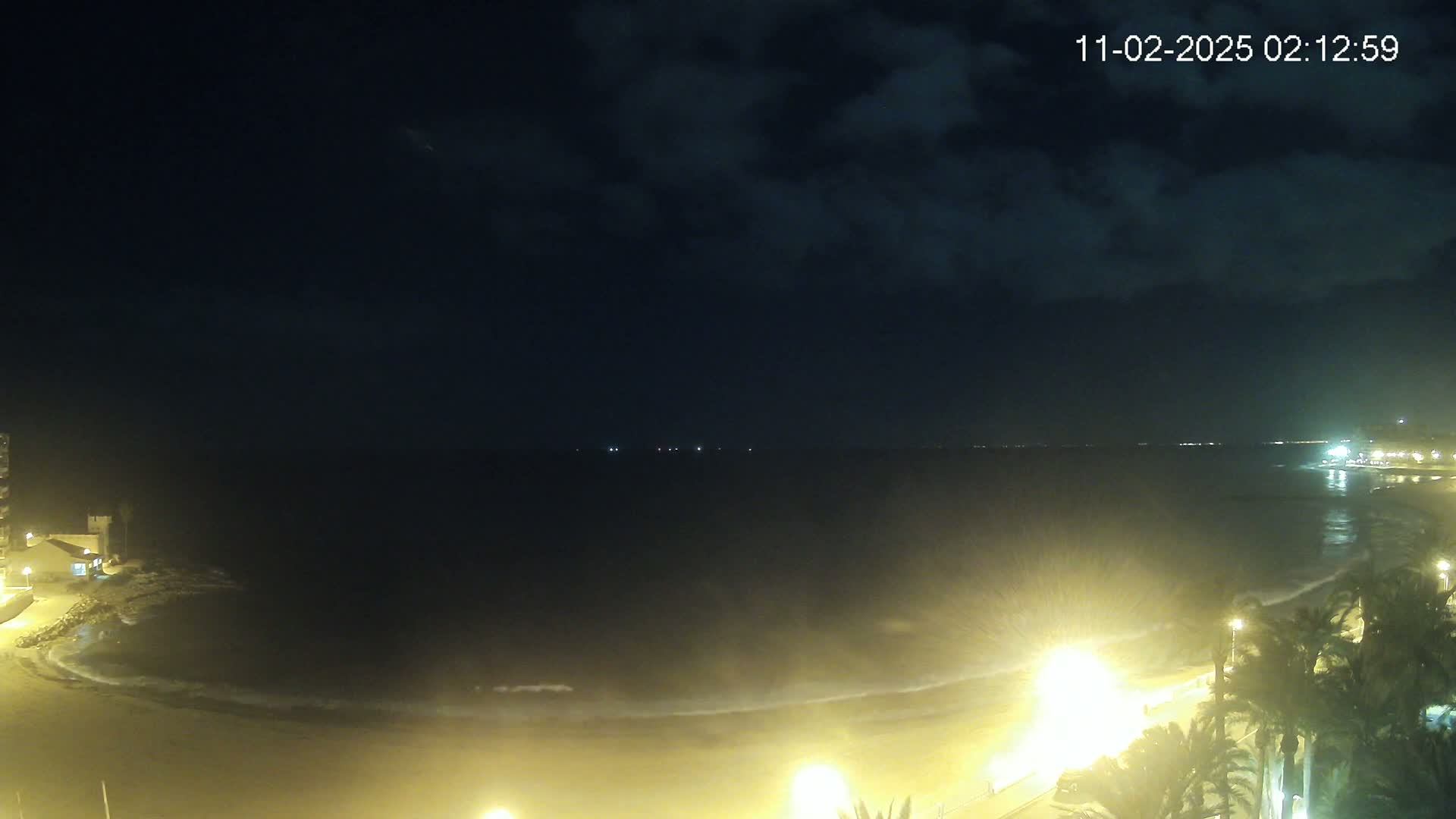 A nighttime beach scene shows a dark, cloudy sky over a calm ocean with gently lapping waves on a sandy shore, illuminated by streetlights along a palm tree-lined walkway.