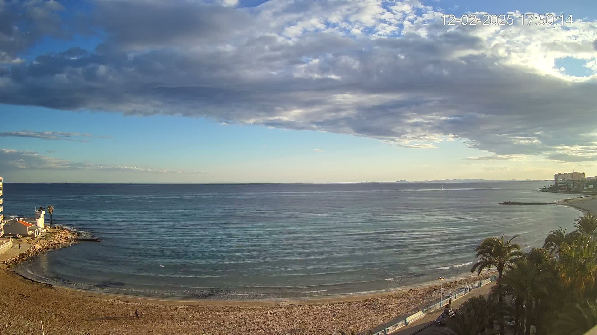 A partly cloudy sky overlooks a calm sea with small waves lapping a sandy beach lined with palm trees and buildings.