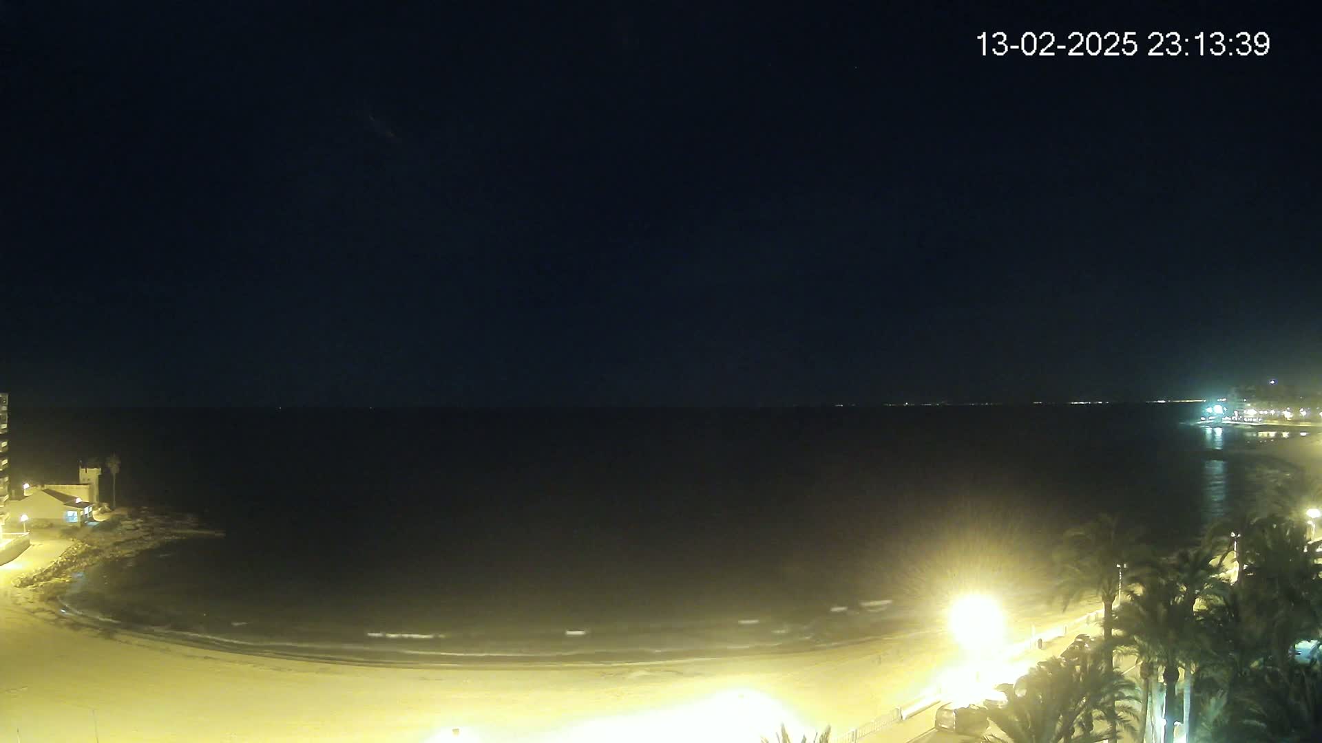 A nighttime view of a sandy beach with gentle waves lapping the shore, illuminated by streetlights, with palm trees lining the beachfront and a dark, calm sea extending to a distant, dimly lit shoreline under a clear, dark sky.