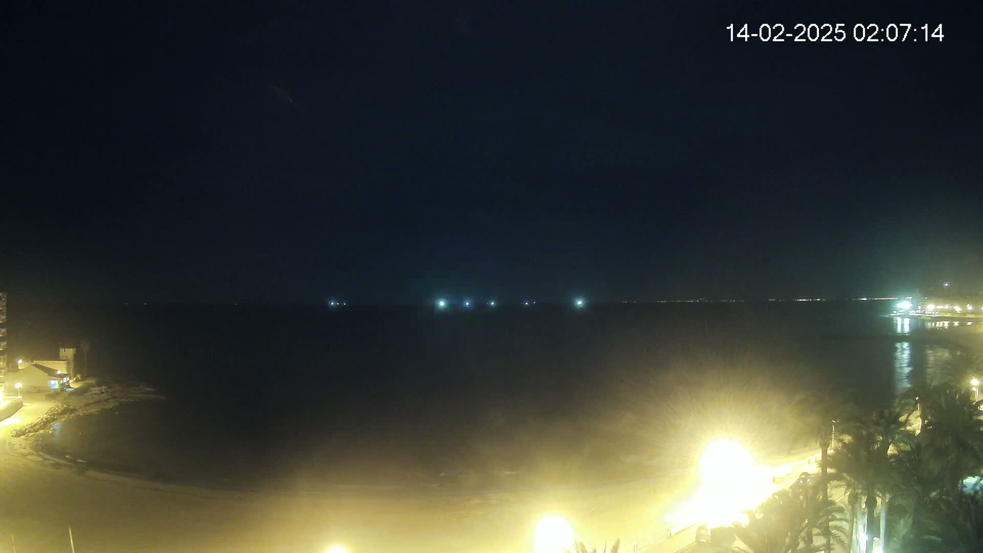 A nighttime coastal scene shows a dark ocean with faint lights on the horizon, illuminated beachfront, and palm trees along a road.