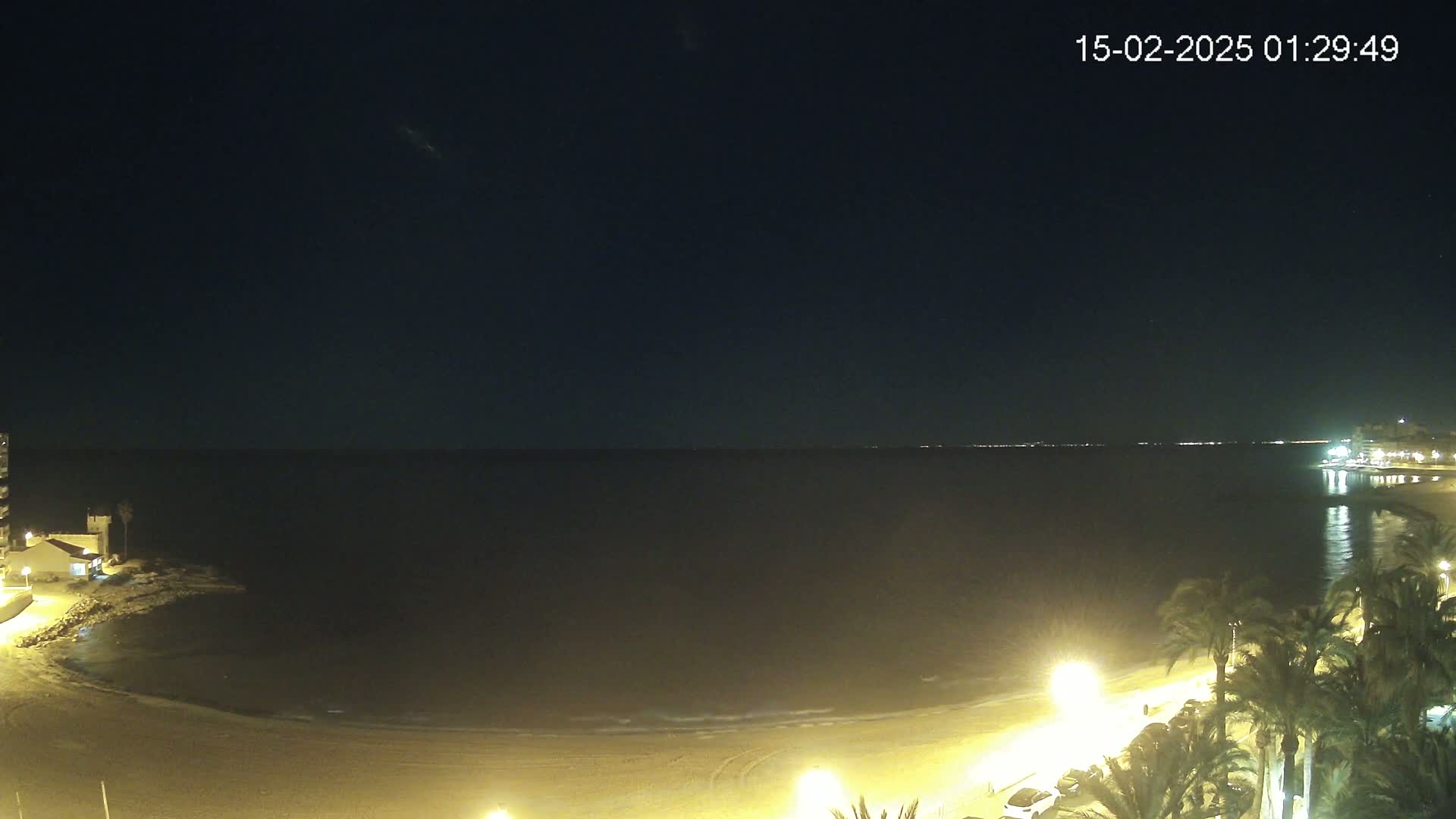 A nighttime beach scene shows a calm, dark ocean under a clear sky, with illuminated sand, palm trees, and buildings along the shore.