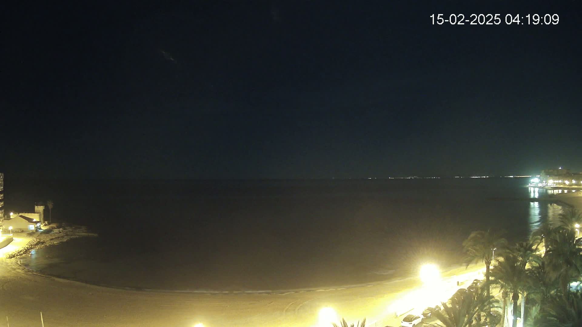 A dark night scene shows a calm, dimly lit ocean beach with palm trees and buildings along the shore.