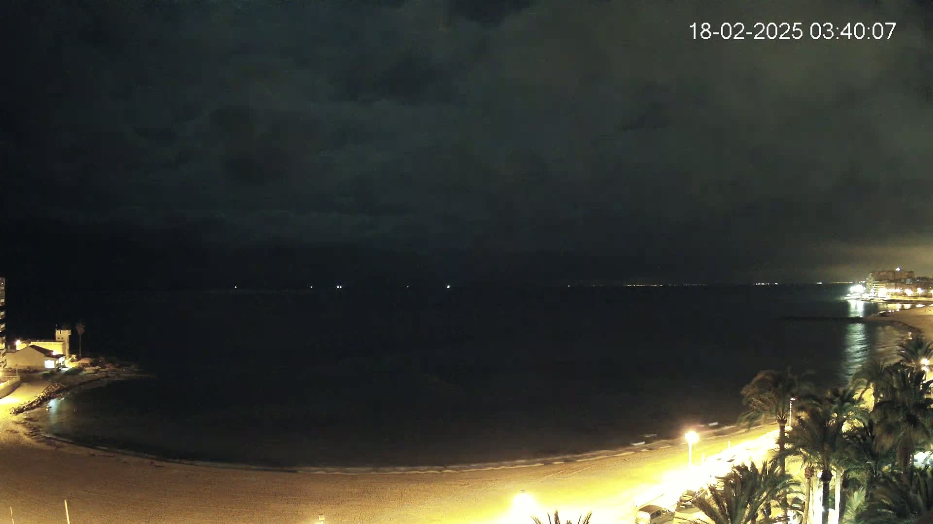 A dark, cloudy night scene shows a calm, dark ocean lapping a sandy beach lined with palm trees and lights.