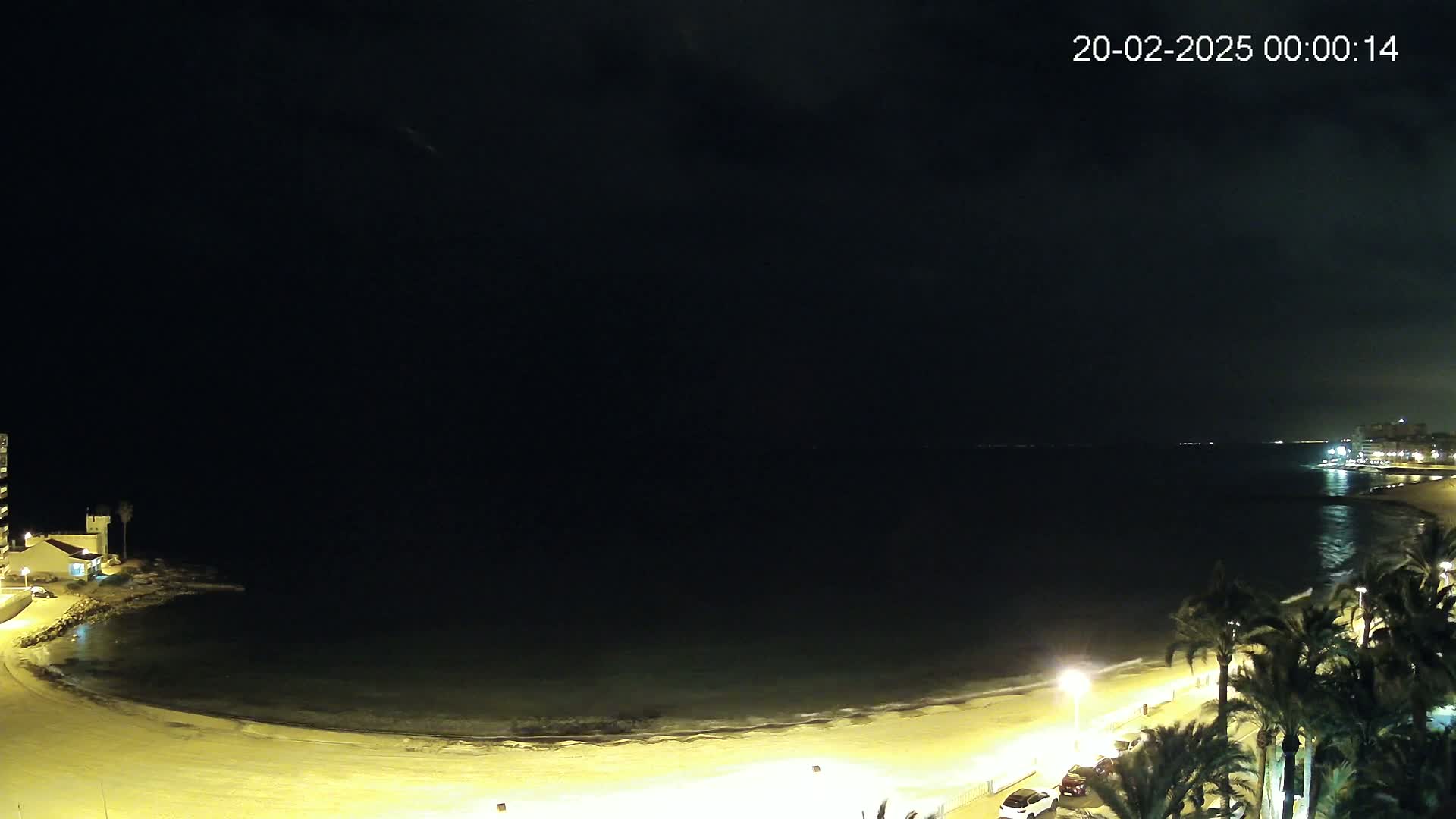 A nighttime view of a crescent-shaped beach illuminated by artificial lights, with calm water and palm trees lining the shore under a dark, cloudy sky.