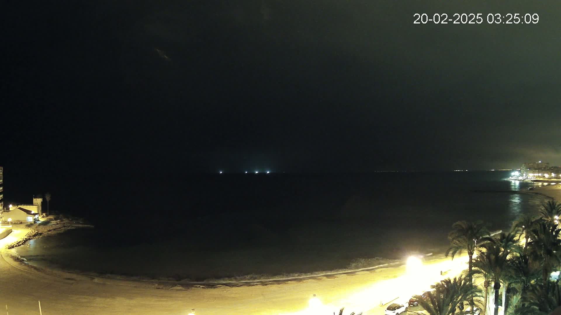A dark, nighttime beach scene shows a calm, dark ocean with dimly lit shoreline and palm trees.