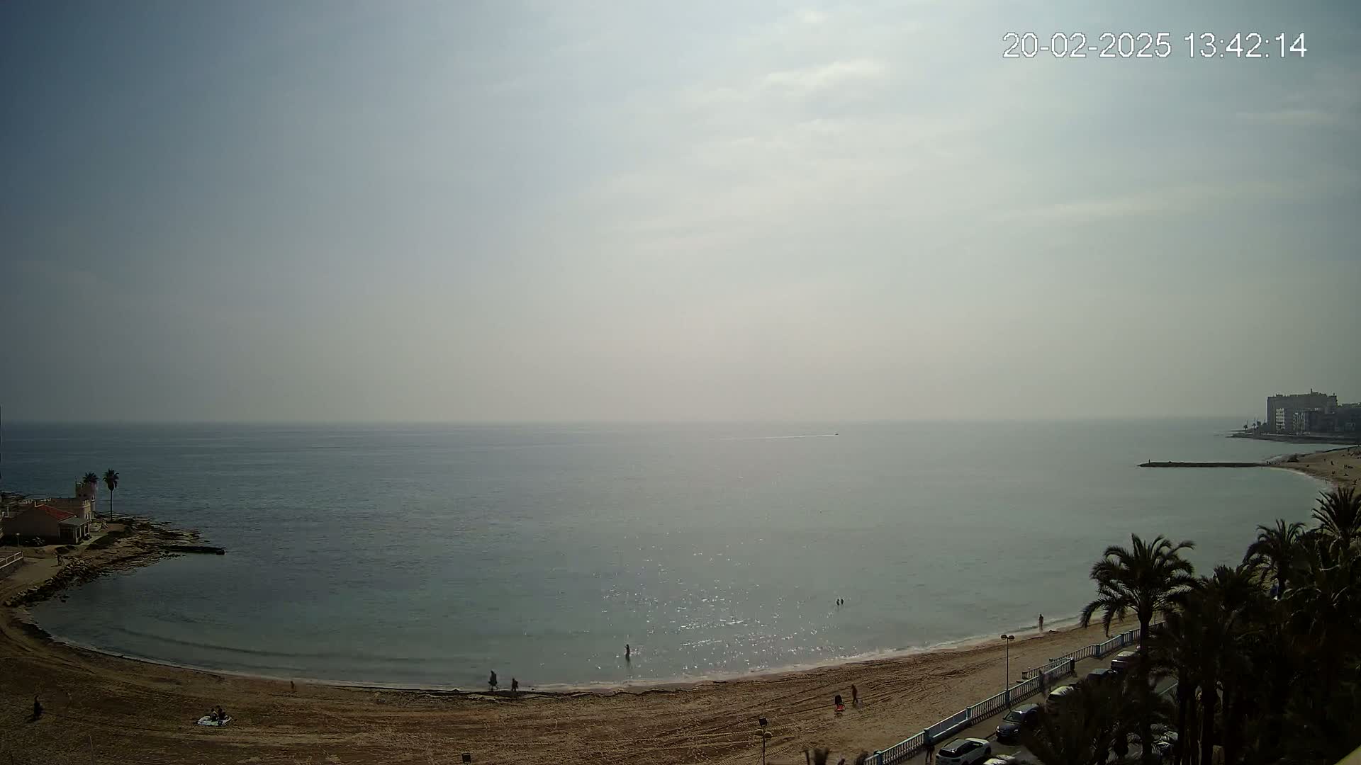 A hazy, sunny day overlooks a calm, light-blue ocean with a sandy beach and palm trees lining the shore.