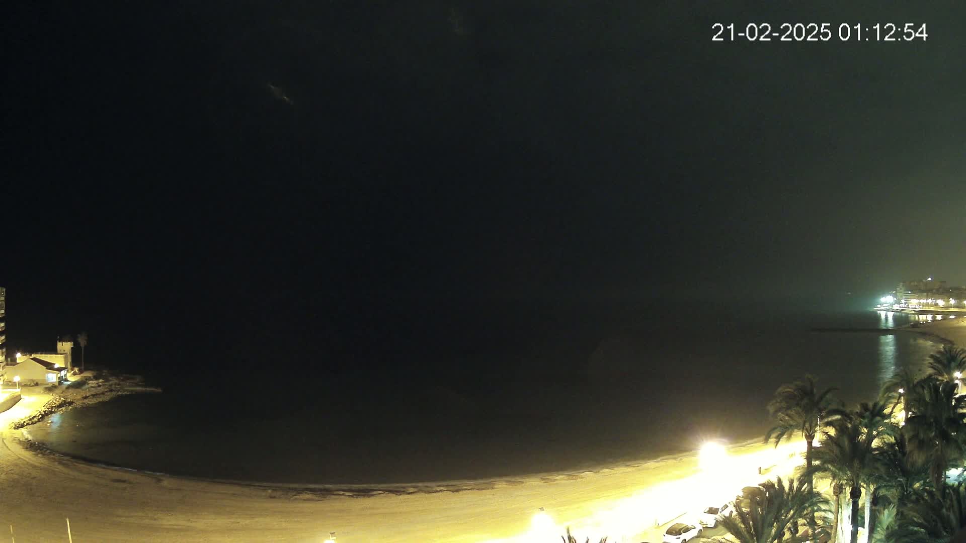 A dark, nighttime beach scene shows a calm, dark-colored body of water lapping a sandy shore, illuminated by lights lining the beach and buildings in the distance under a hazy, dark sky.