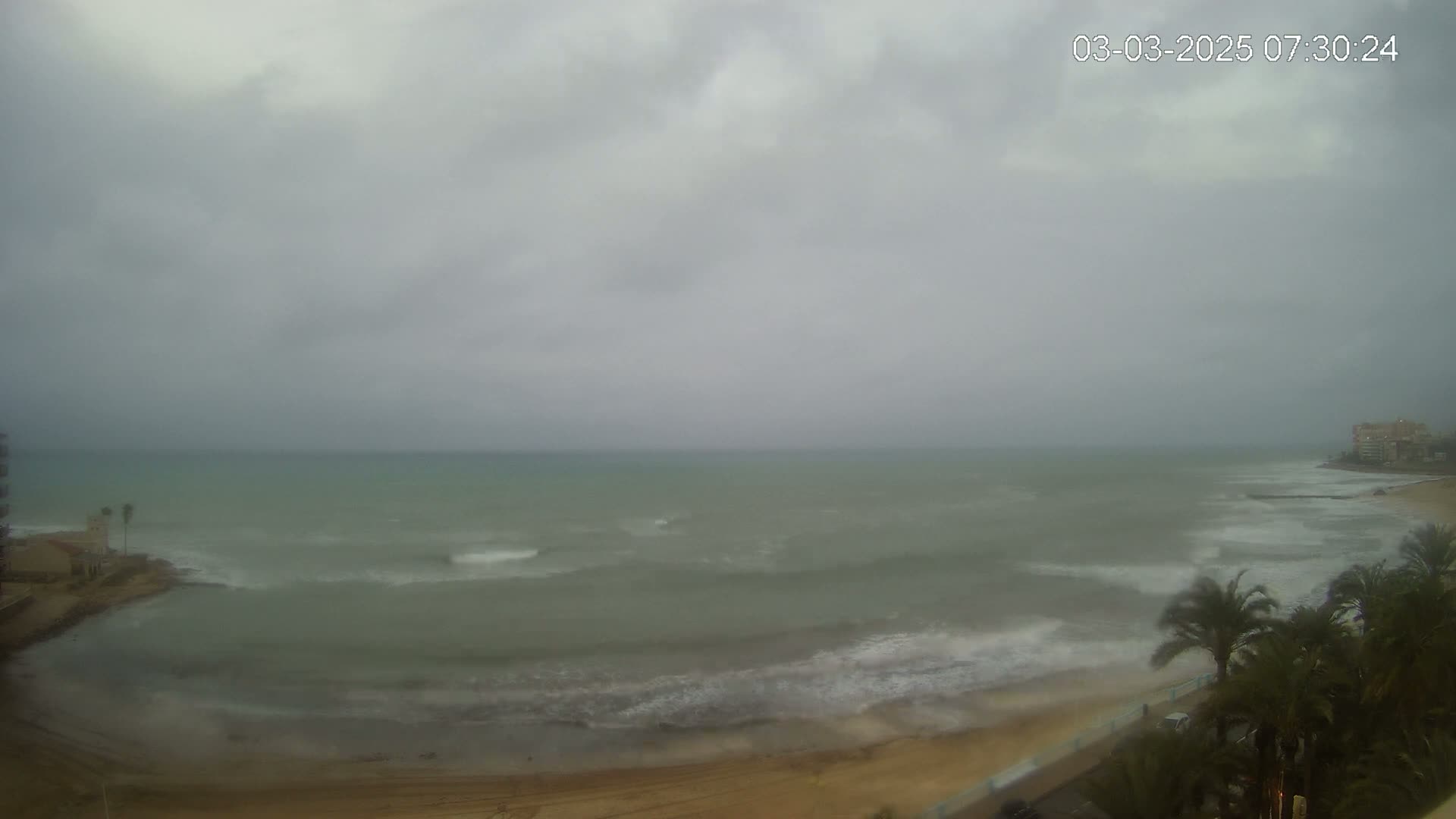A beach with moderate waves under an overcast sky is seen from an elevated vantage point.