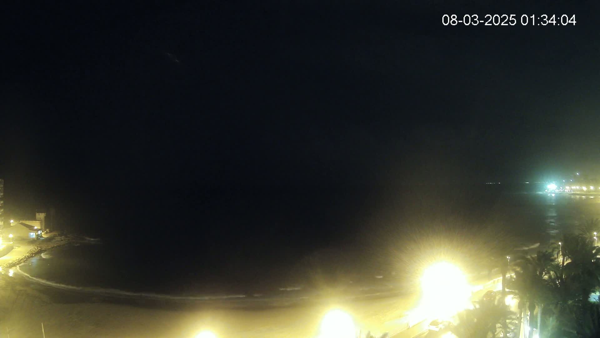 A nighttime beach scene shows a dark ocean with gentle waves lapping a sandy shore, illuminated by several streetlights along a paved walkway.