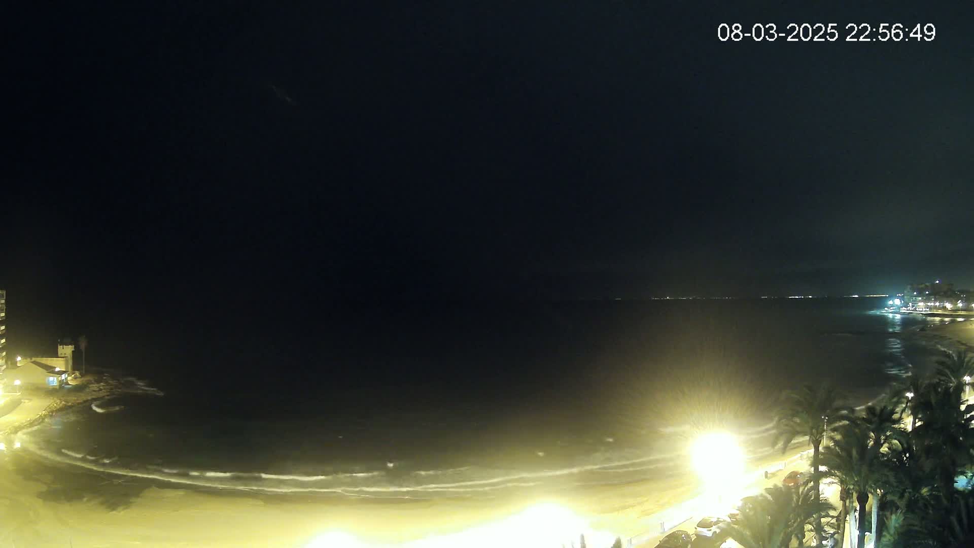 A nighttime view of a beach with gently rolling waves under a dark sky.