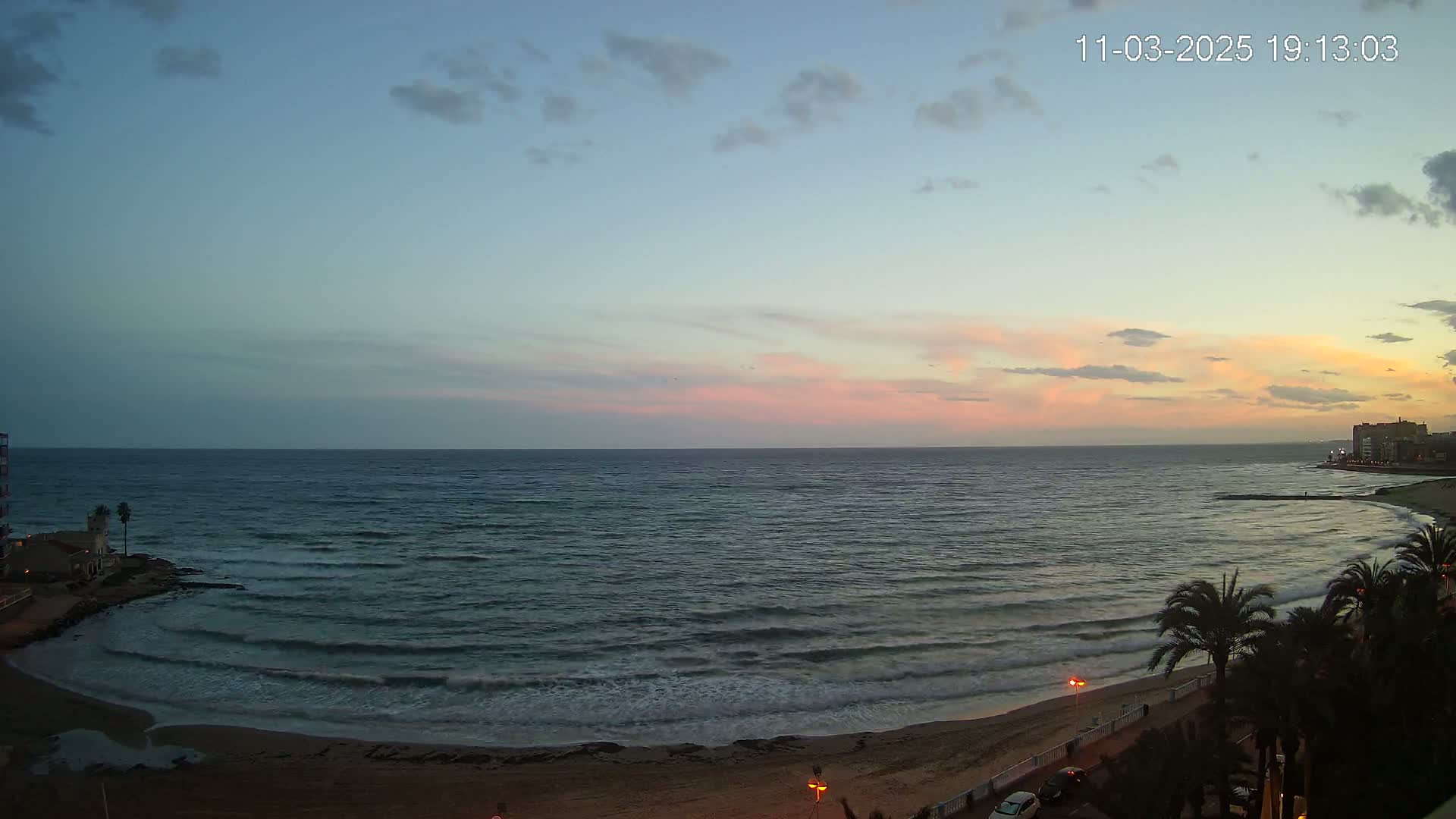 A sandy beach with palm trees and a calm sea under a twilight sky with pink and orange hues.