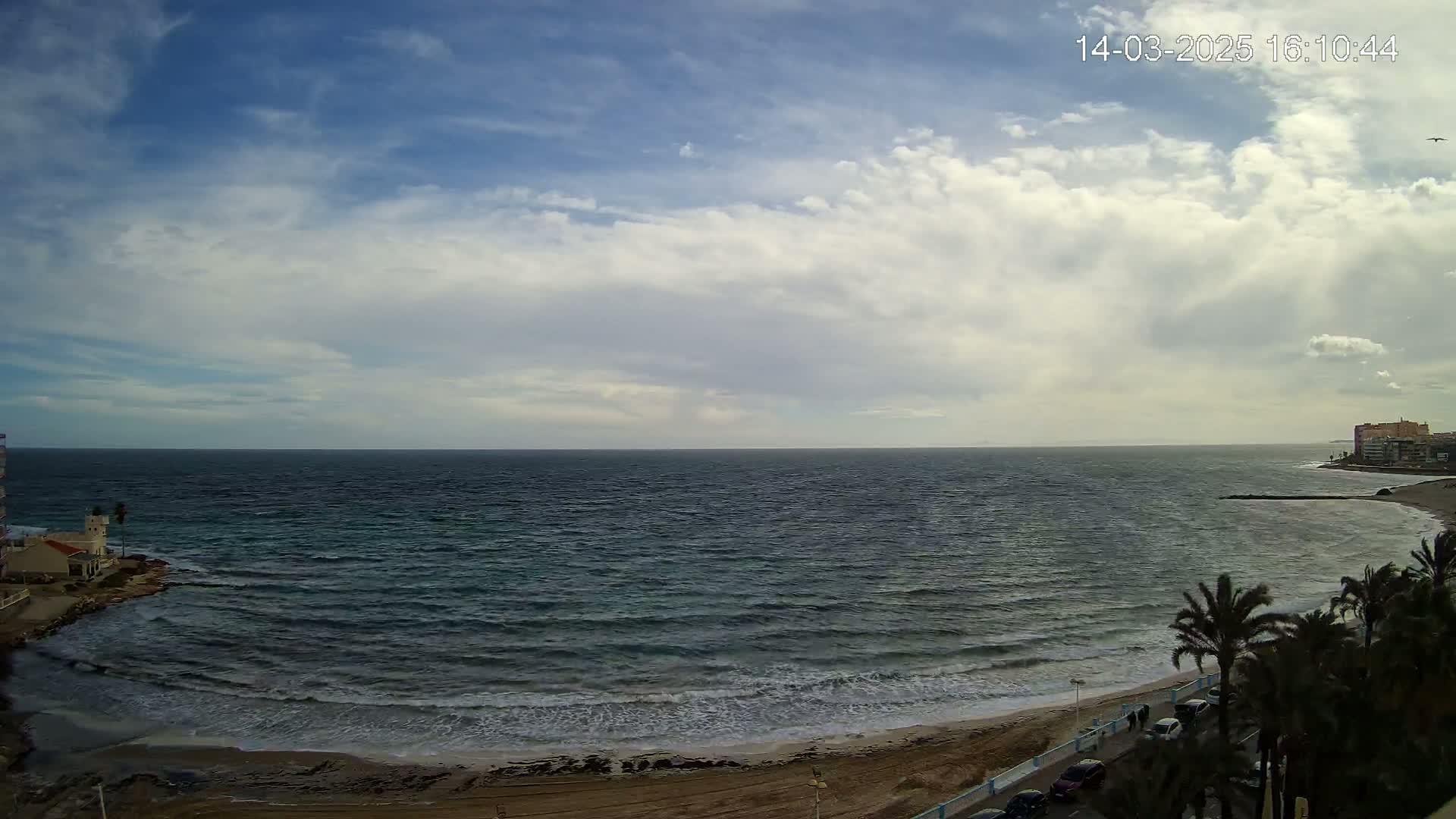A partly cloudy sky overlooks a wavy ocean meeting a sandy beach lined with palm trees and a road with cars.