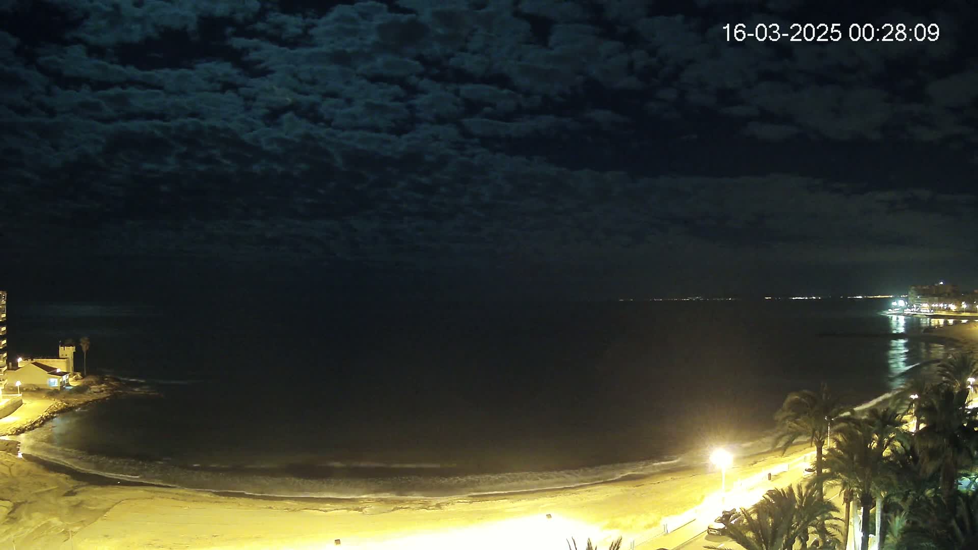 A nighttime beach scene shows a calm, dark ocean under a mostly cloudy sky, with palm trees and lights lining a sandy shore.