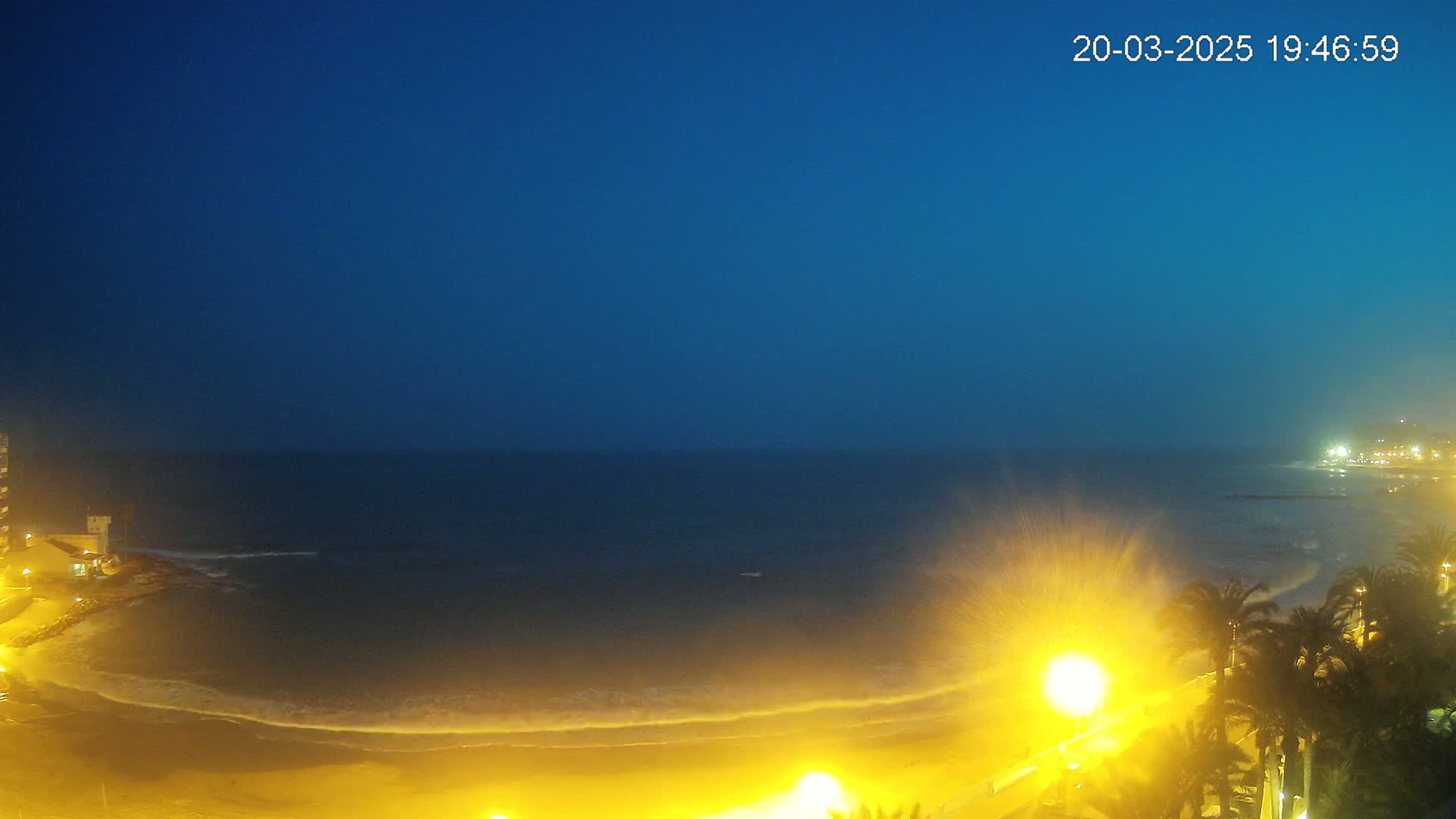 A nighttime coastal scene shows a dark blue sky, a wavy ocean, a sandy beach illuminated by streetlights, and palm trees lining a beachfront promenade.