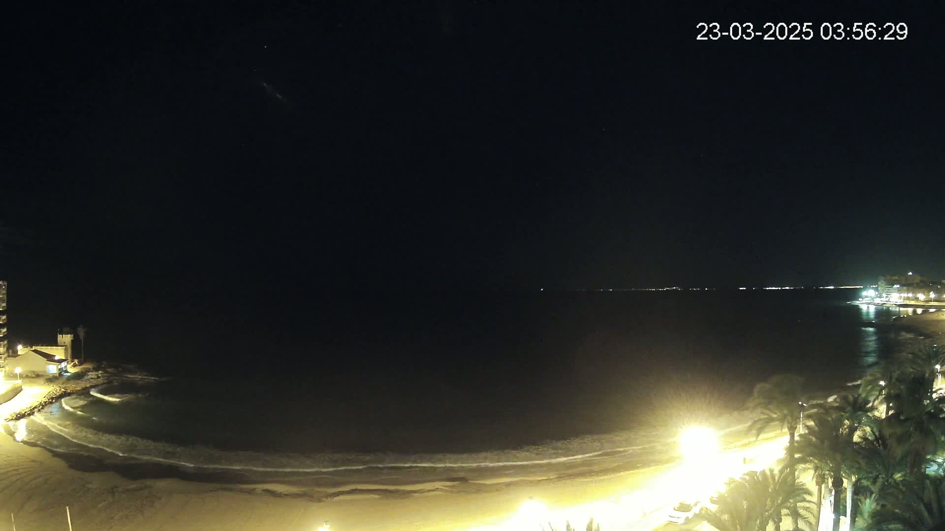 A nighttime view of a sandy beach with gentle waves lapping the shore, illuminated by lights along the beachfront and palm trees, under a clear, dark sky.