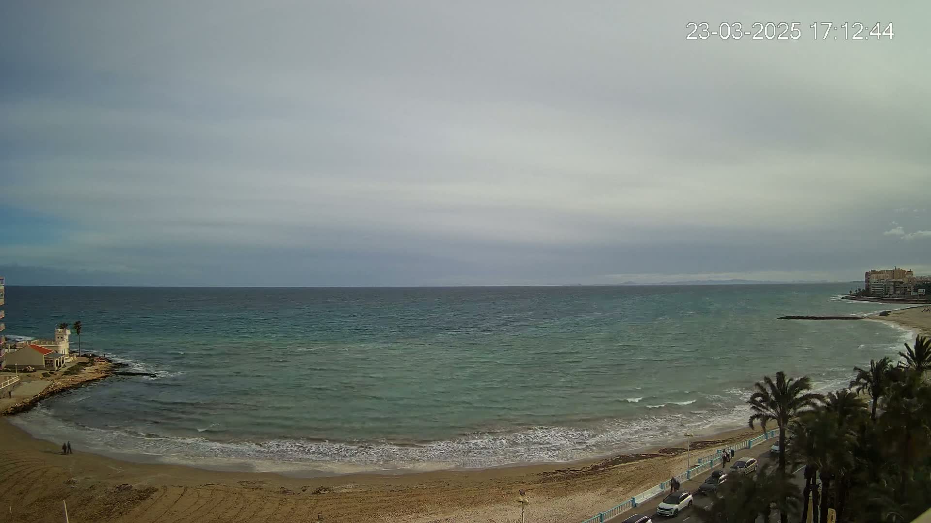 A sandy beach with light wave action and palm trees curves along a calm, teal-colored sea under an overcast sky.
