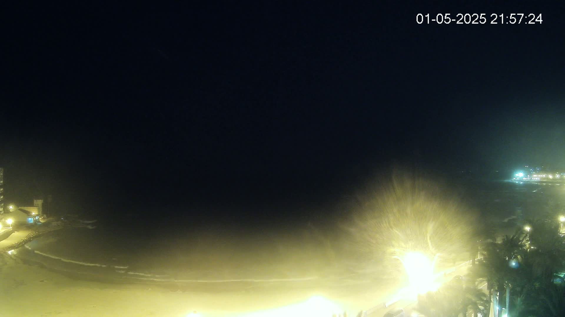 A nighttime view of a beach with gently lapping waves under a dark, clear sky.