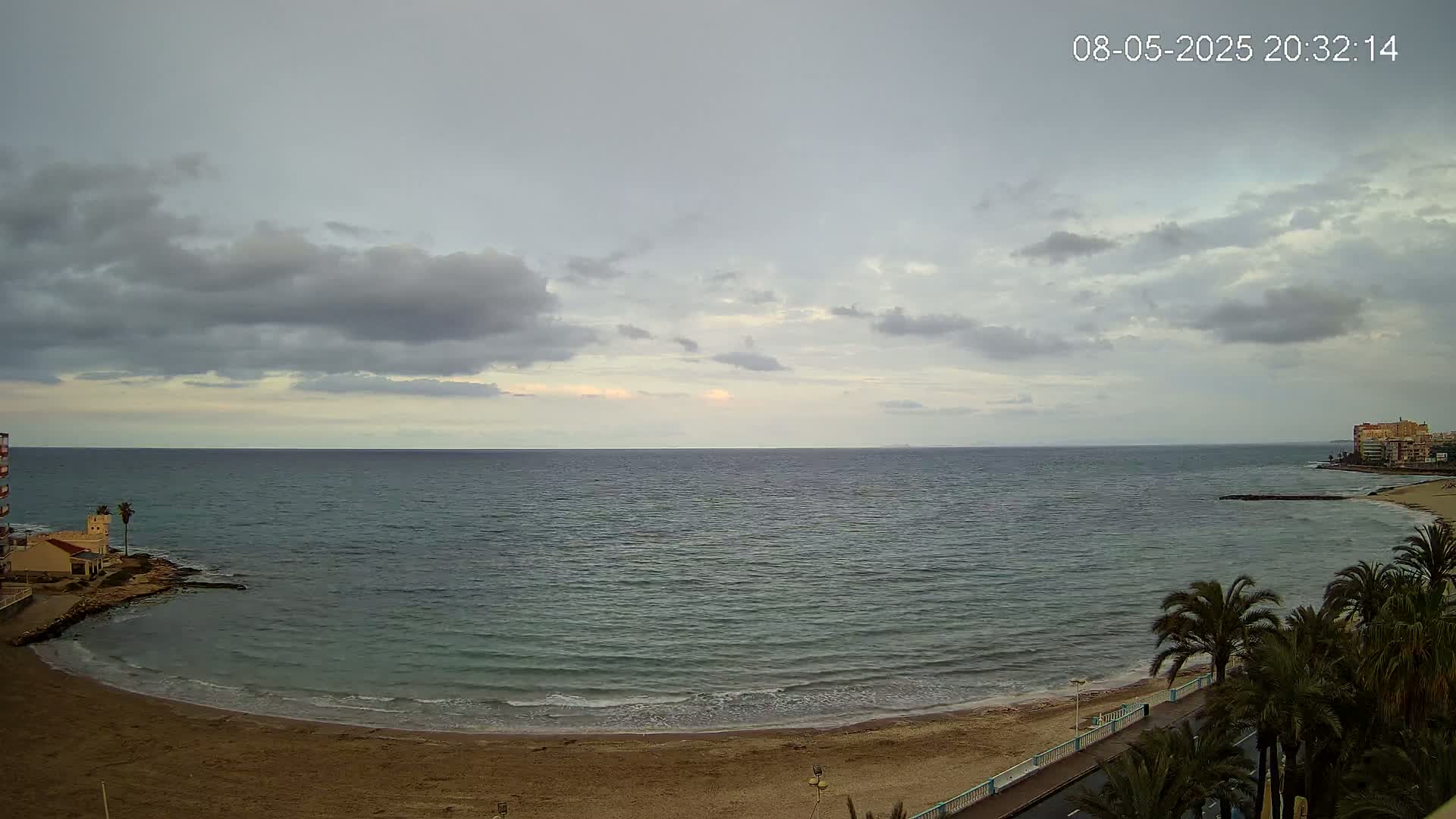 A mostly cloudy evening sky overlooks a calm sea gently lapping a sandy beach lined with palm trees.