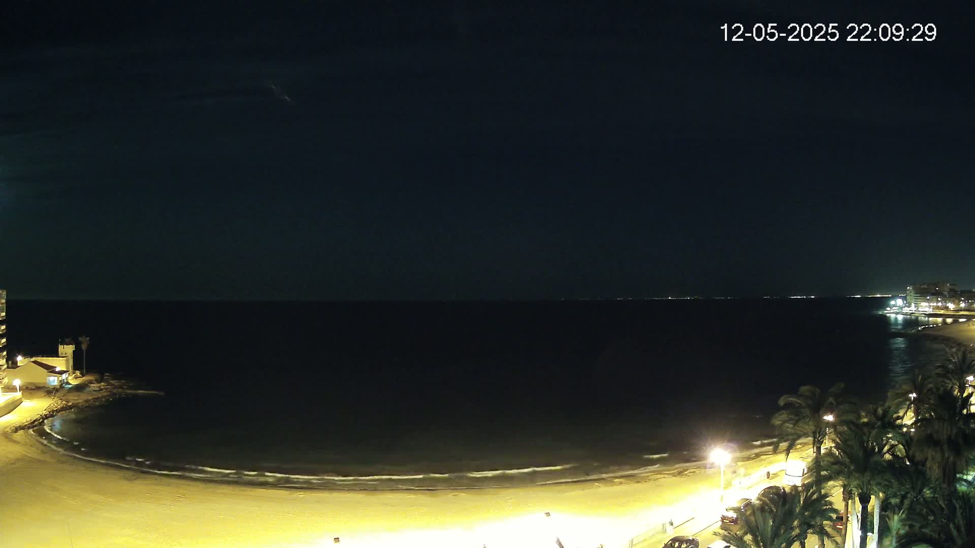 A dark, nighttime beach scene shows gently lapping waves on a sandy shore, palm trees and lights illuminating the coastline, and a calm, dark sea extending to a dimly lit horizon.