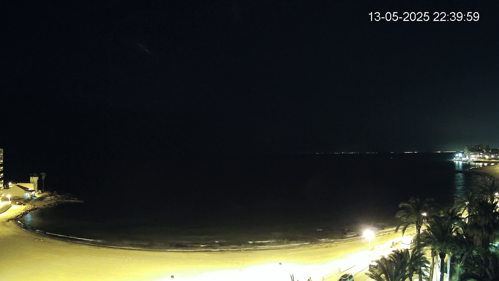 A dark night scene shows a sandy beach with gentle waves lapping the shore, palm trees lining a roadway, and buildings faintly lit in the distance.