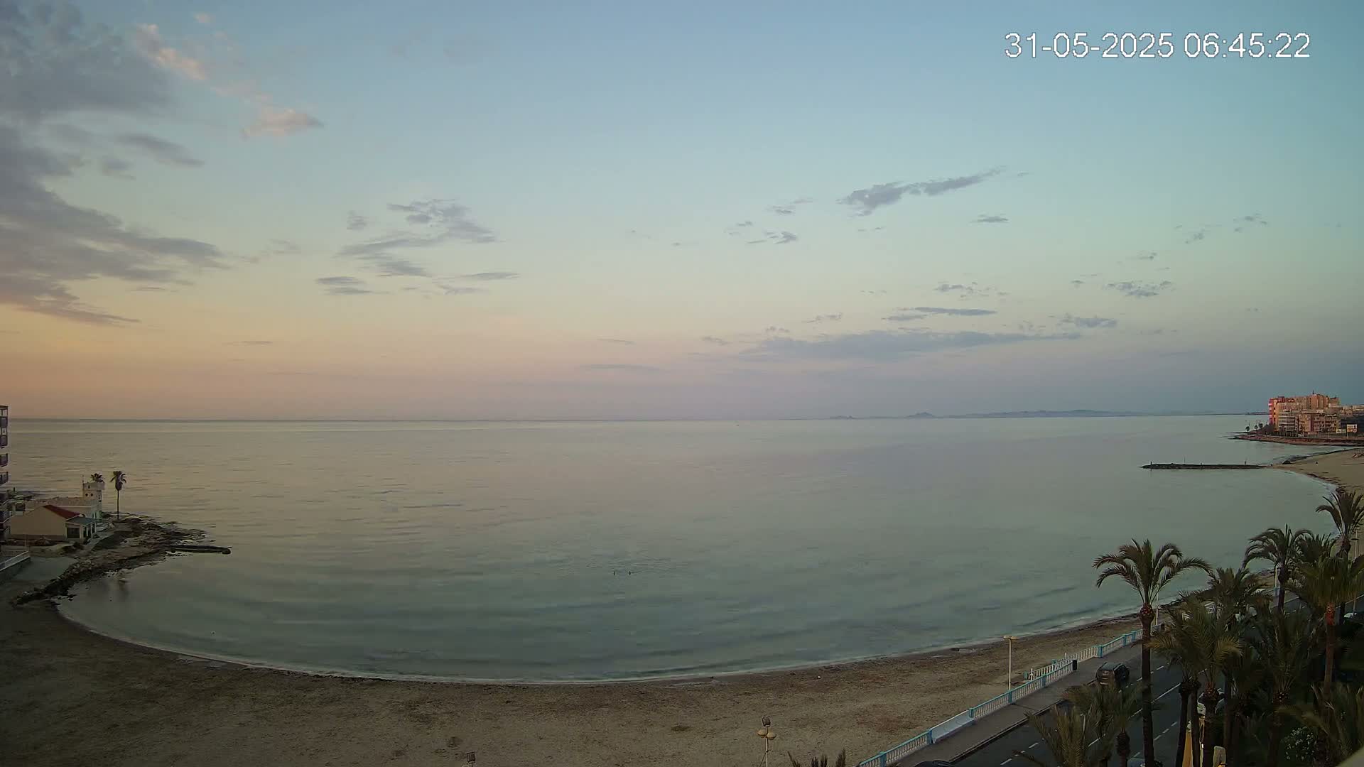 A calm, pale-pink sunrise illuminates a crescent-shaped beach and calm sea with palm trees lining a road along the shore.