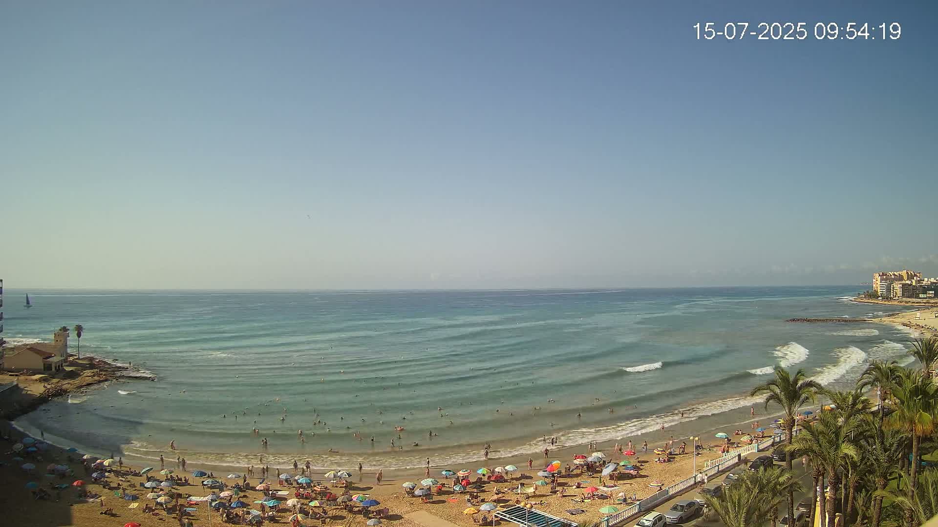 A sunny day at a beach with calm, rolling waves, numerous people swimming and sunbathing under umbrellas, and palm trees lining the shore.