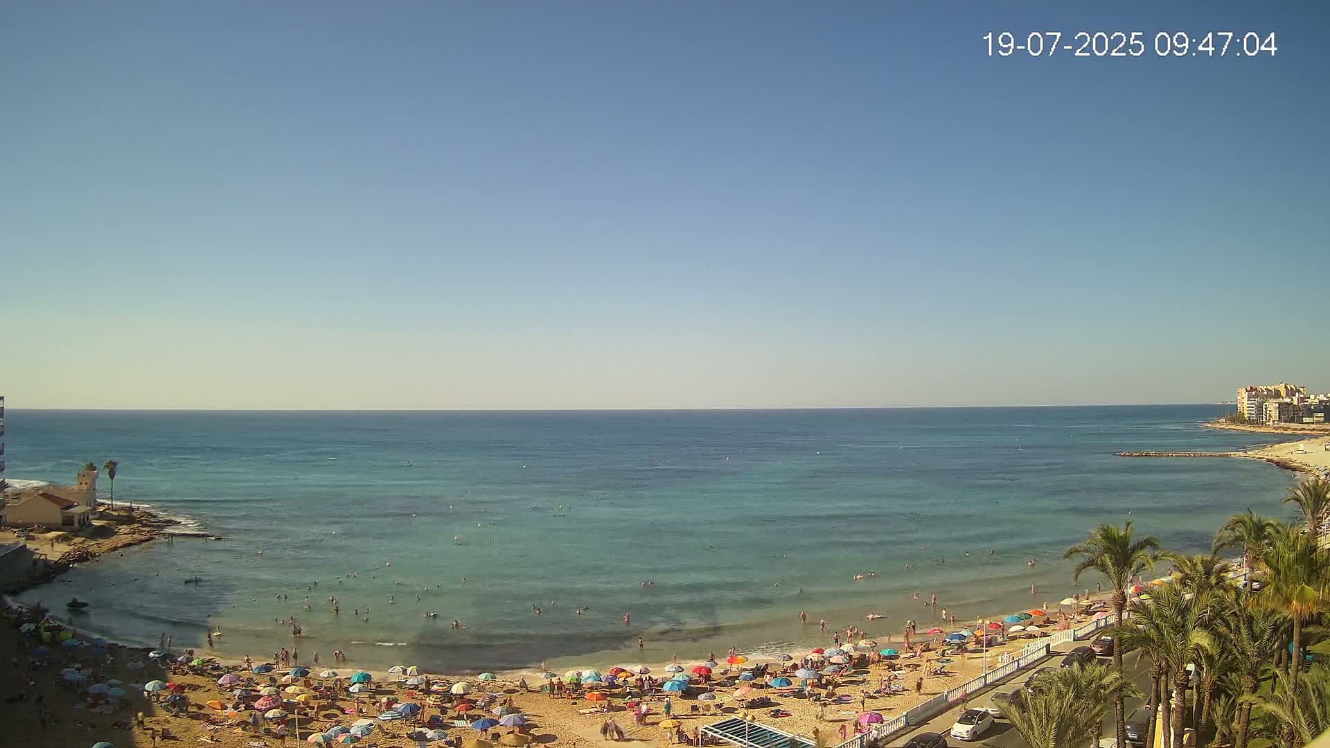 A sunny day at a crowded beach with calm, clear turquoise water, palm trees lining a paved walkway, and buildings visible in the distance.