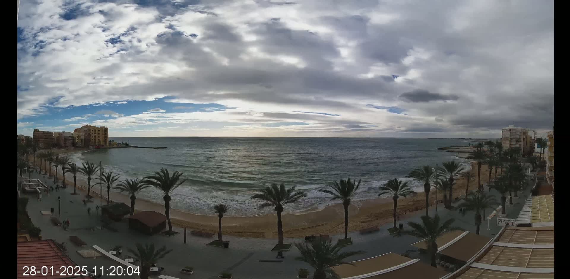 A partly cloudy day shows a beach with palm trees and buildings along the coastline, with gentle waves lapping the shore.