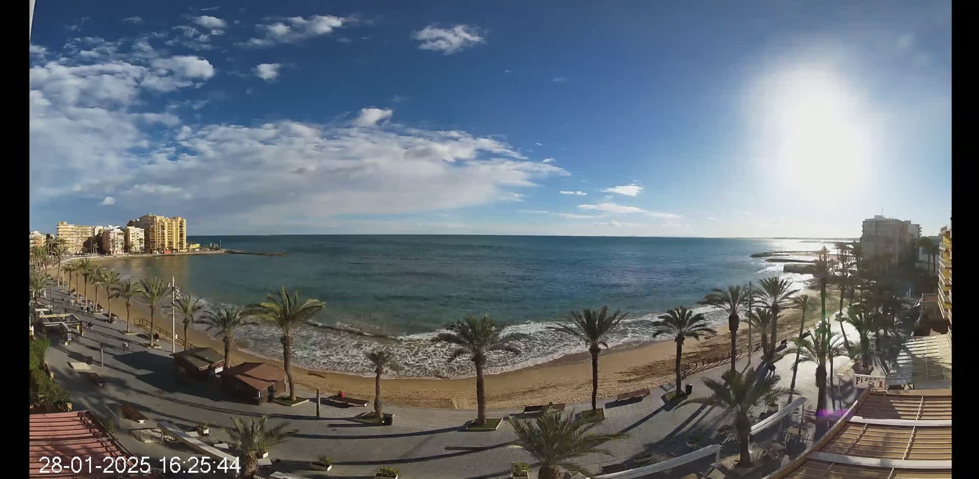 A sunny day with partly cloudy skies overlooks a sandy beach lined with palm trees, a calm ocean with small waves, and buildings in the distance.