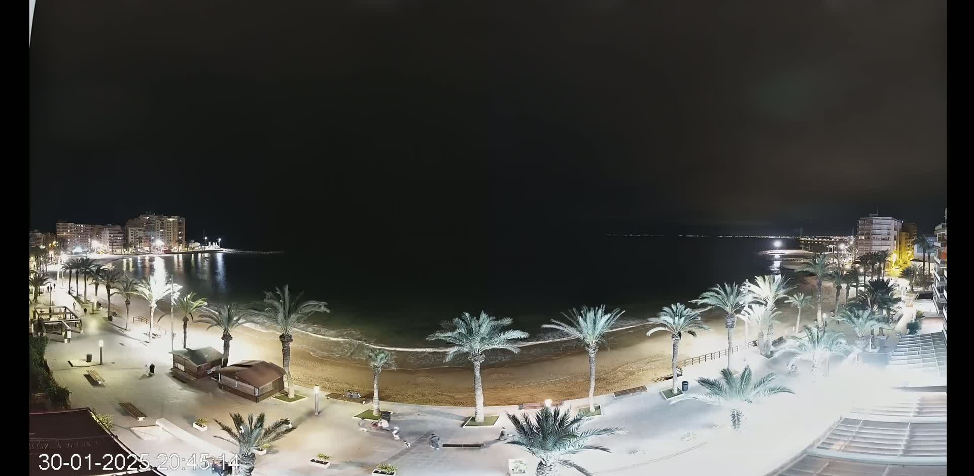 A nighttime, seaside view shows a sandy beach lined with palm trees, a boardwalk, and buildings with lights visible along the shore.