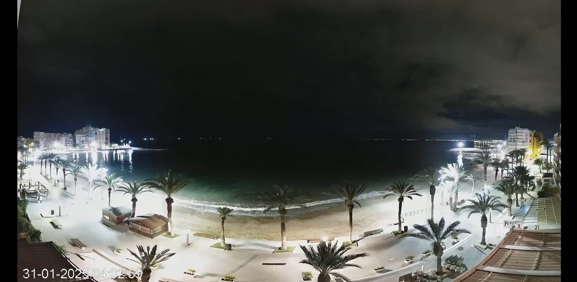 A nighttime view of a beach with palm trees lining a paved walkway, buildings in the distance, and gentle waves lapping the shore under a dark, cloudy sky.