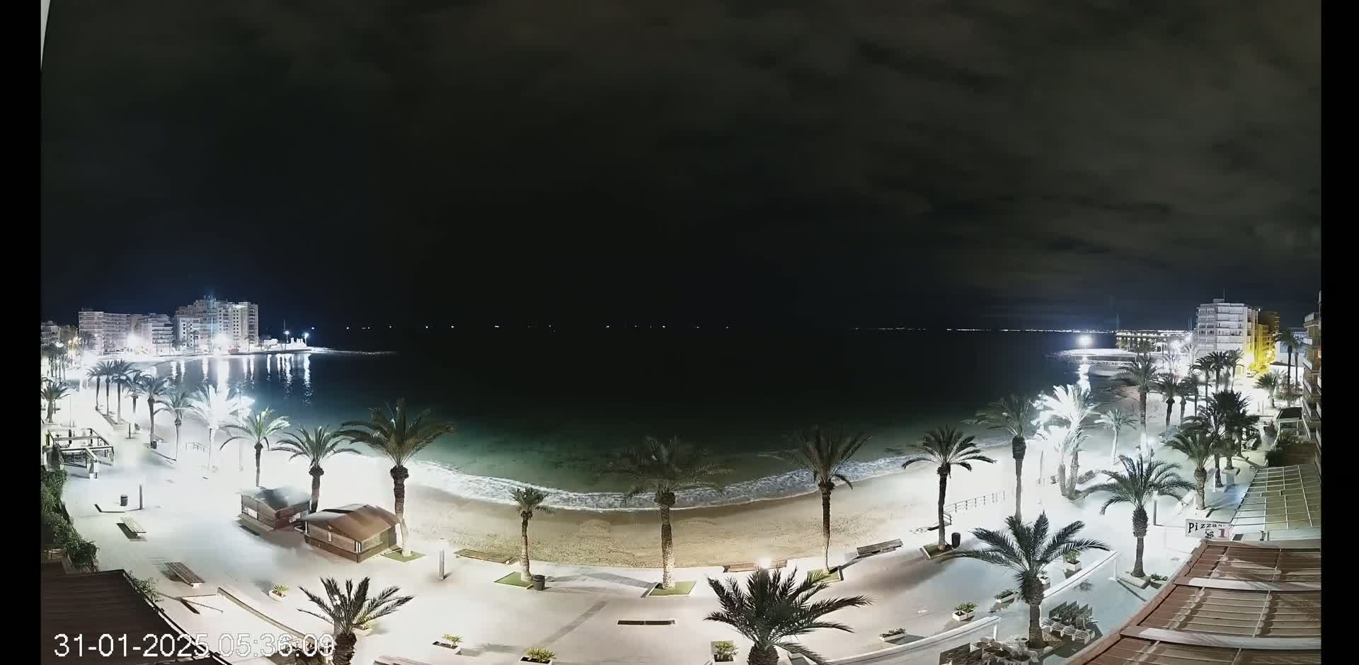 A nighttime view of a beach at low tide, with palm trees lining a paved walkway, buildings in the background, and calm waves lapping the shore under a dark, cloudy sky.